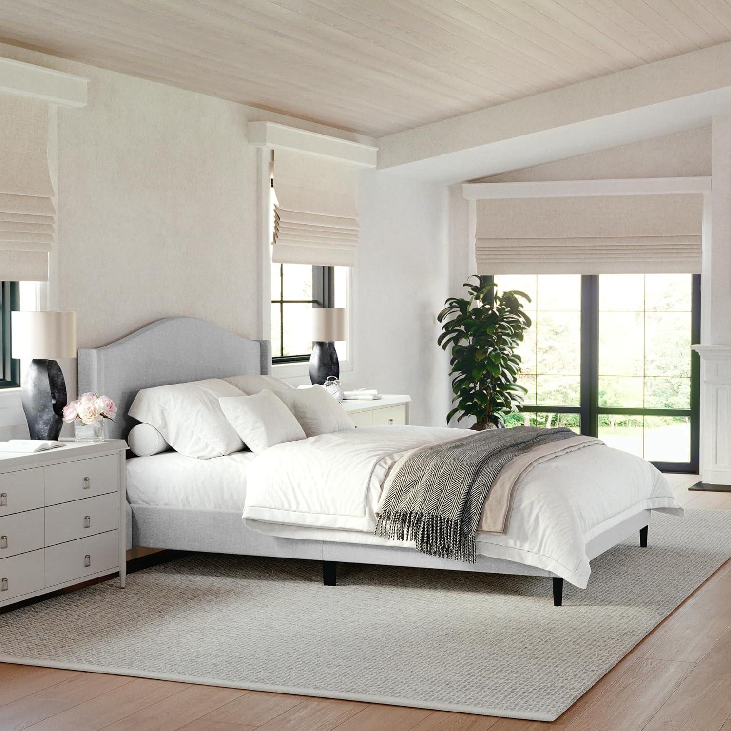 imageMartha Stewart Amelia Platform Bed with Curved Headboard and Cushioned Side Rails Faux Linen Upholstery Wood Slat Foundation No Box Spring Needed Queen BeigeGray FabricBlack Legs