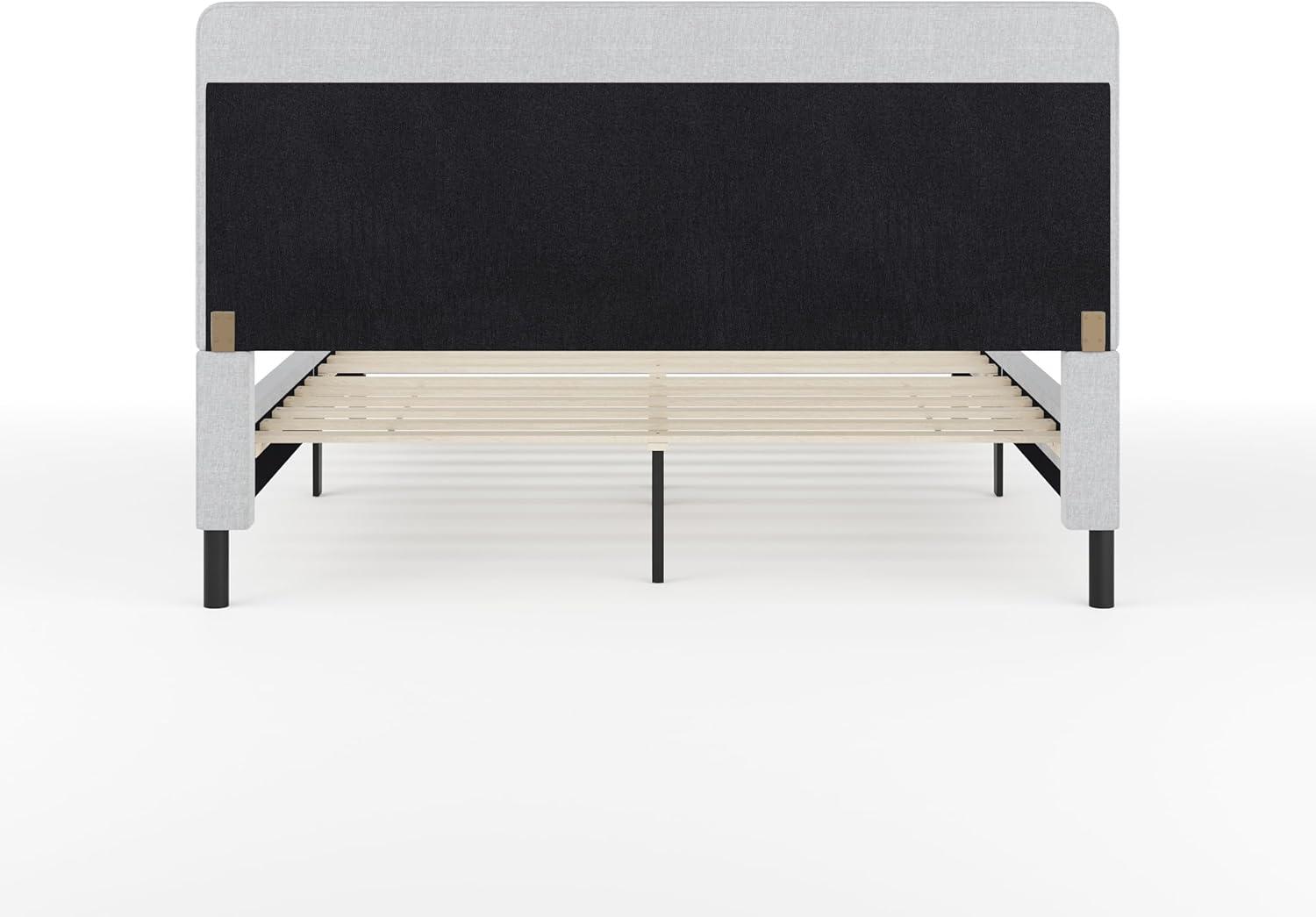 imageMartha Stewart Amelia Platform Bed with Curved Headboard and Cushioned Side Rails Faux Linen Upholstery Wood Slat Foundation No Box Spring Needed Queen BeigeGray FabricBlack Legs