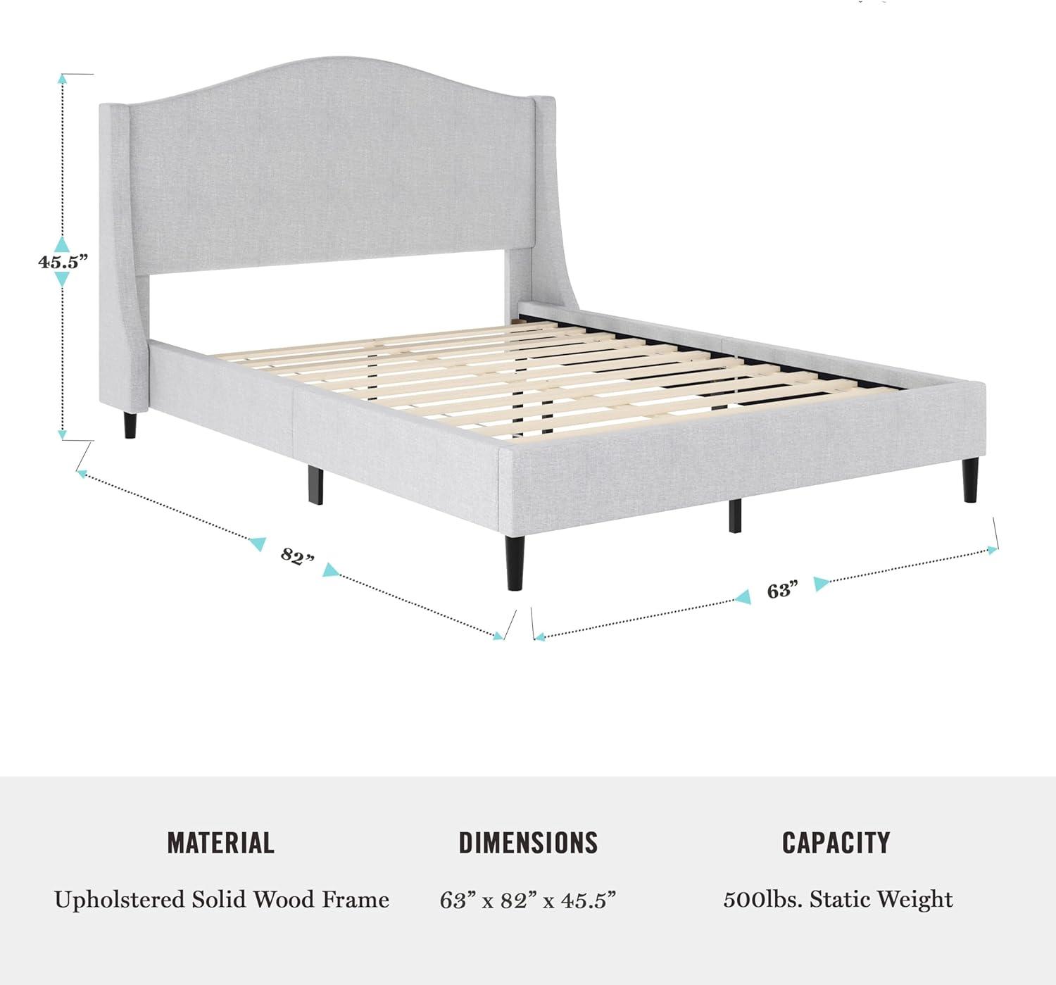imageMartha Stewart Amelia Platform Bed with Curved Headboard and Cushioned Side Rails Faux Linen Upholstery Wood Slat Foundation No Box Spring Needed Queen BeigeGray FabricBlack Legs