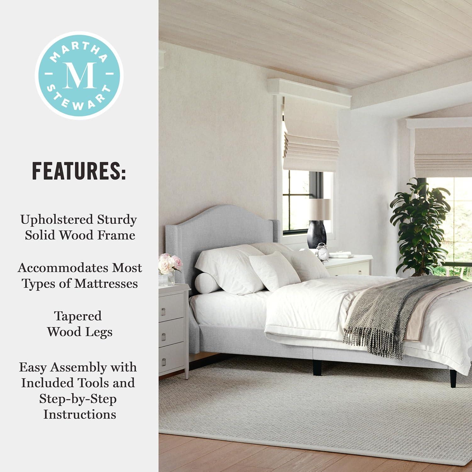 imageMartha Stewart Amelia Platform Bed with Curved Headboard and Cushioned Side Rails Faux Linen Upholstery Wood Slat Foundation No Box Spring Needed Queen BeigeGray FabricBlack Legs