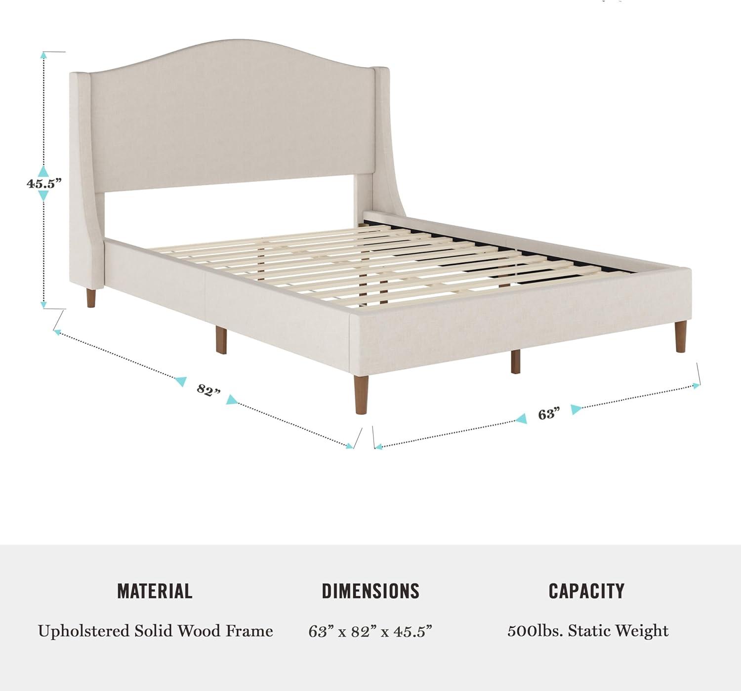 imageMartha Stewart Amelia Platform Bed with Curved Headboard and Cushioned Side Rails Faux Linen Upholstery Wood Slat Foundation No Box Spring Needed Queen BeigeBeige FabricWalnut Legs