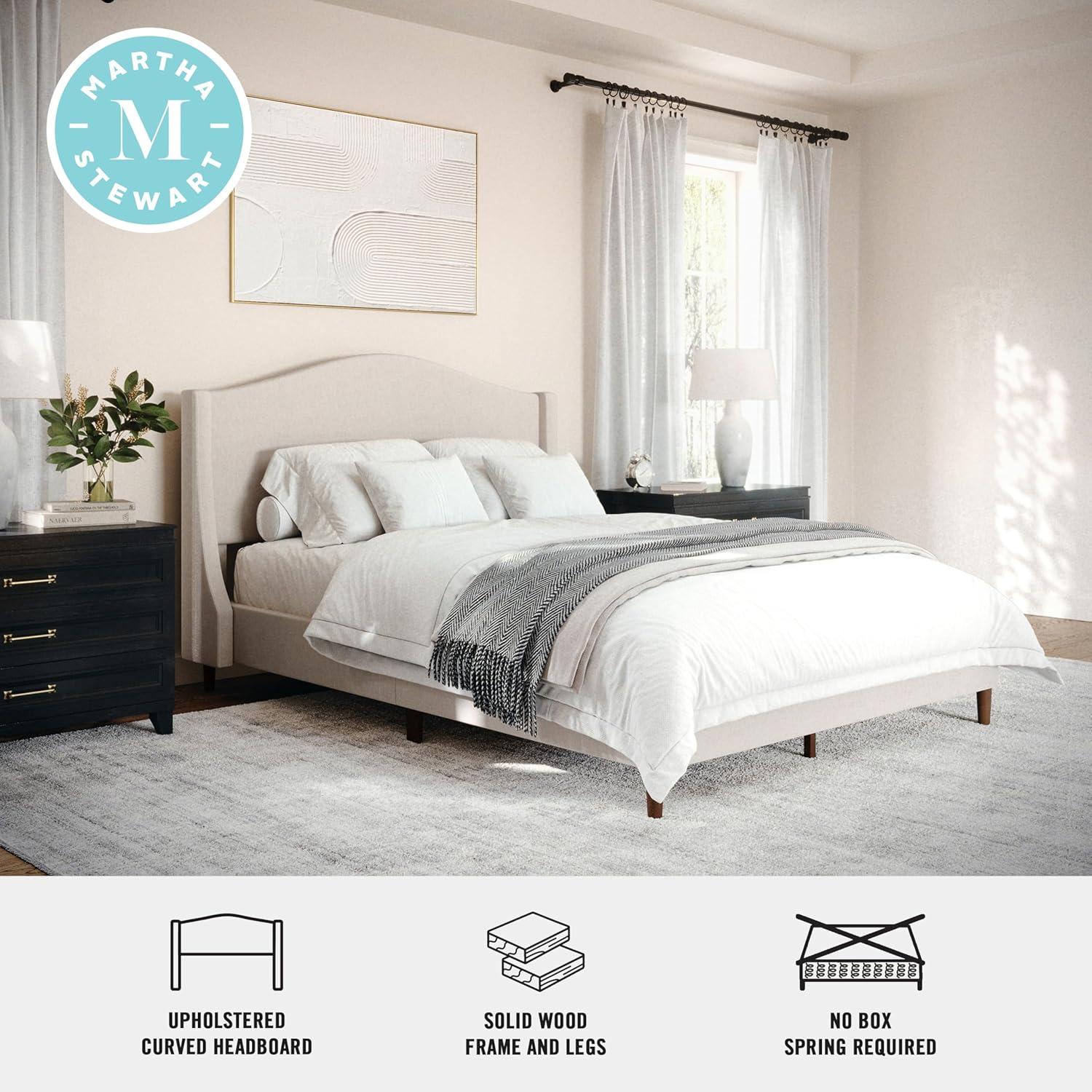 imageMartha Stewart Amelia Platform Bed with Curved Headboard and Cushioned Side Rails Faux Linen Upholstery Wood Slat Foundation No Box Spring Needed Queen BeigeBeige FabricWalnut Legs