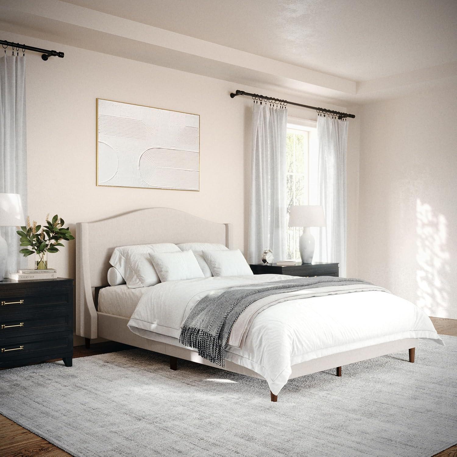 imageMartha Stewart Amelia Platform Bed with Curved Headboard and Cushioned Side Rails Faux Linen Upholstery Wood Slat Foundation No Box Spring Needed Queen BeigeBeige FabricWalnut Legs
