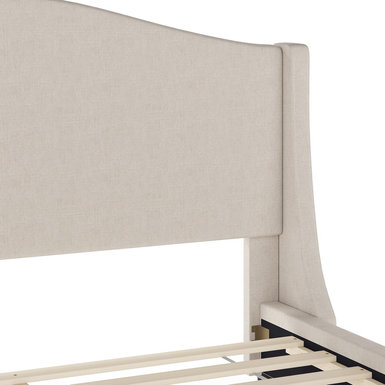 imageMartha Stewart Amelia Platform Bed with Curved Headboard and Cushioned Side Rails Faux Linen Upholstery Wood Slat Foundation No Box Spring Needed Queen BeigeBeige FabricWalnut Legs