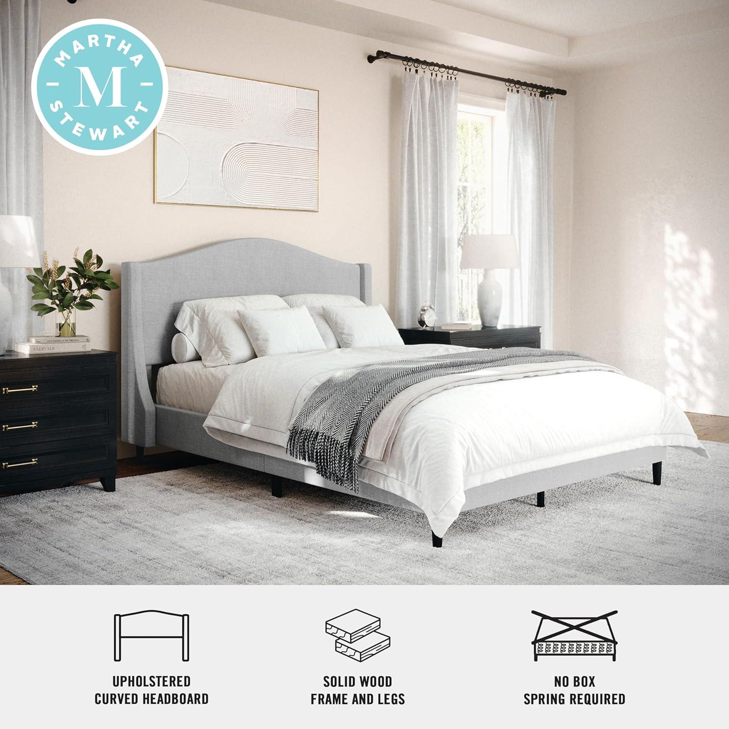imageMartha Stewart Amelia Platform Bed with Curved Headboard and Cushioned Side Rails Faux Linen Upholstery Wood Slat Foundation No Box Spring Needed Queen BeigeGray FabricBlack Legs