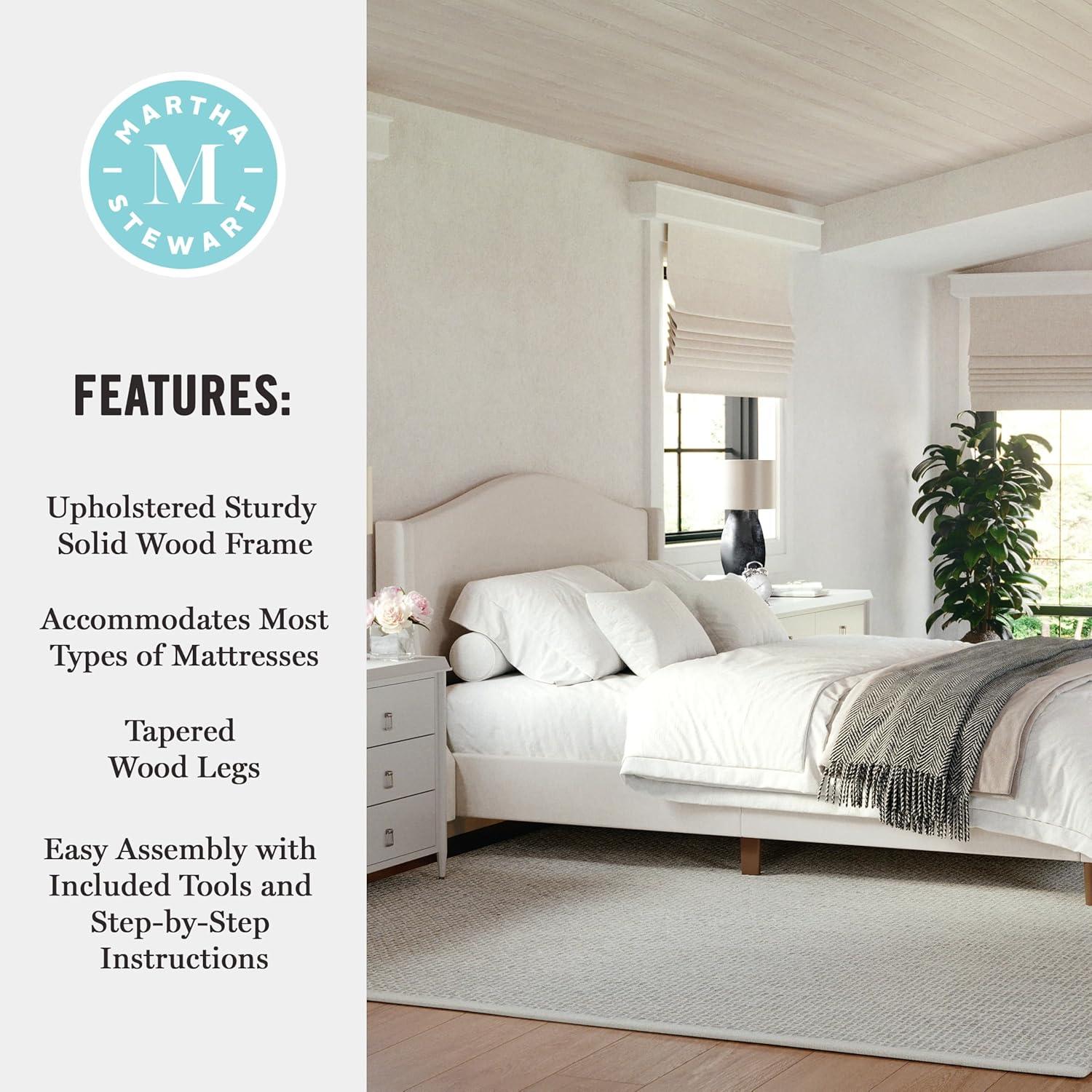 imageMartha Stewart Amelia Platform Bed with Curved Headboard and Cushioned Side Rails Faux Linen Upholstery Wood Slat Foundation No Box Spring Needed Queen BeigeBeige FabricWalnut Legs