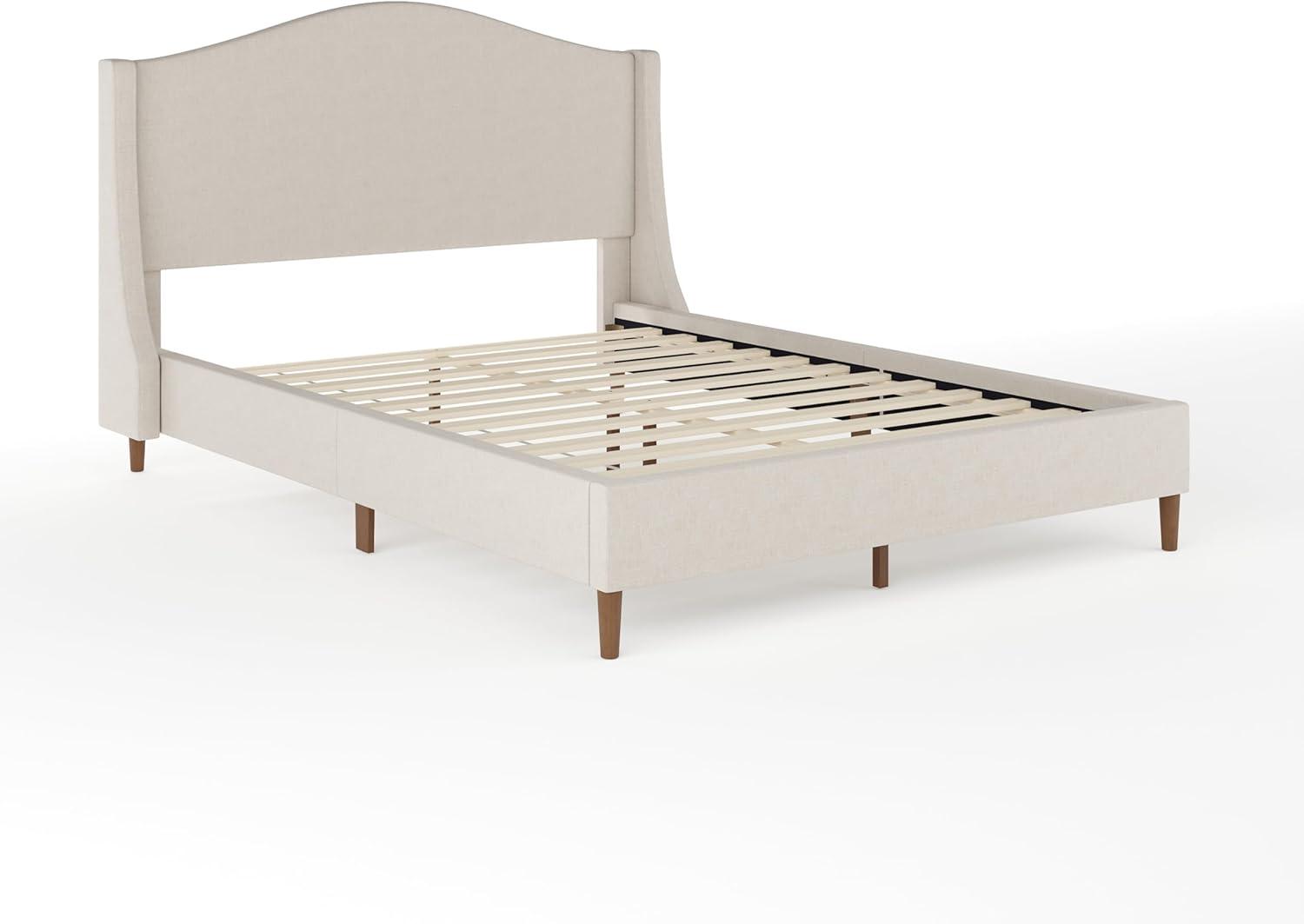 imageMartha Stewart Amelia Platform Bed with Curved Headboard and Cushioned Side Rails Faux Linen Upholstery Wood Slat Foundation No Box Spring Needed Queen BeigeBeige FabricWalnut Legs