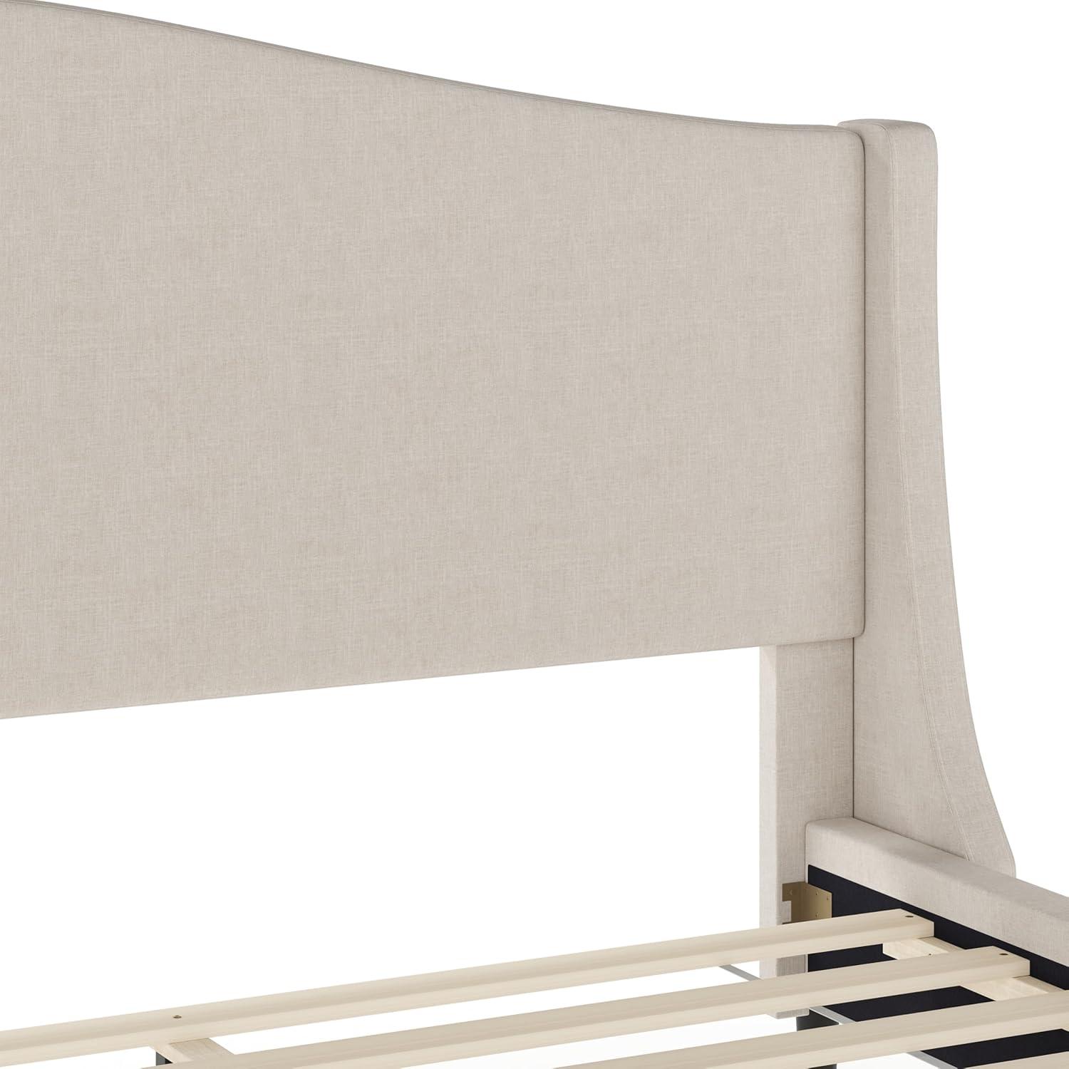 imageMartha Stewart Amelia Platform Bed with Curved Headboard and Cushioned Side Rails Faux Linen Upholstery Wood Slat Foundation No Box Spring Needed Queen BeigeBeige FabricWalnut Legs