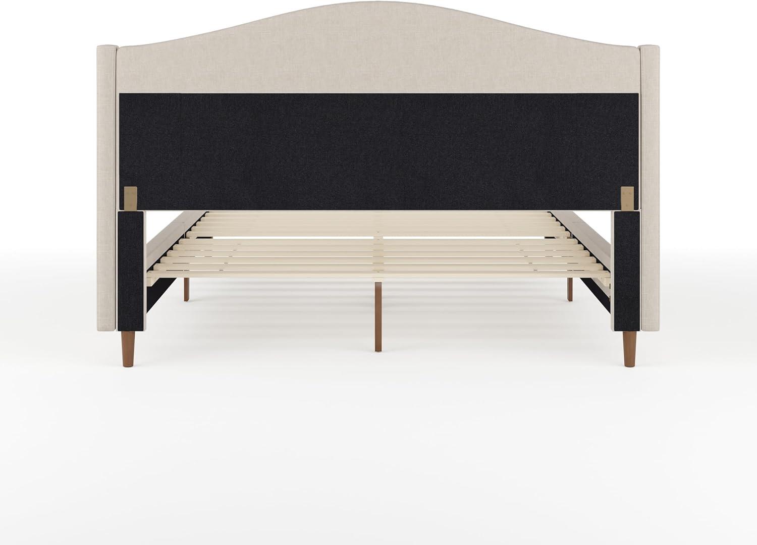 imageMartha Stewart Amelia Platform Bed with Curved Headboard and Cushioned Side Rails Faux Linen Upholstery Wood Slat Foundation No Box Spring Needed Queen BeigeBeige FabricWalnut Legs