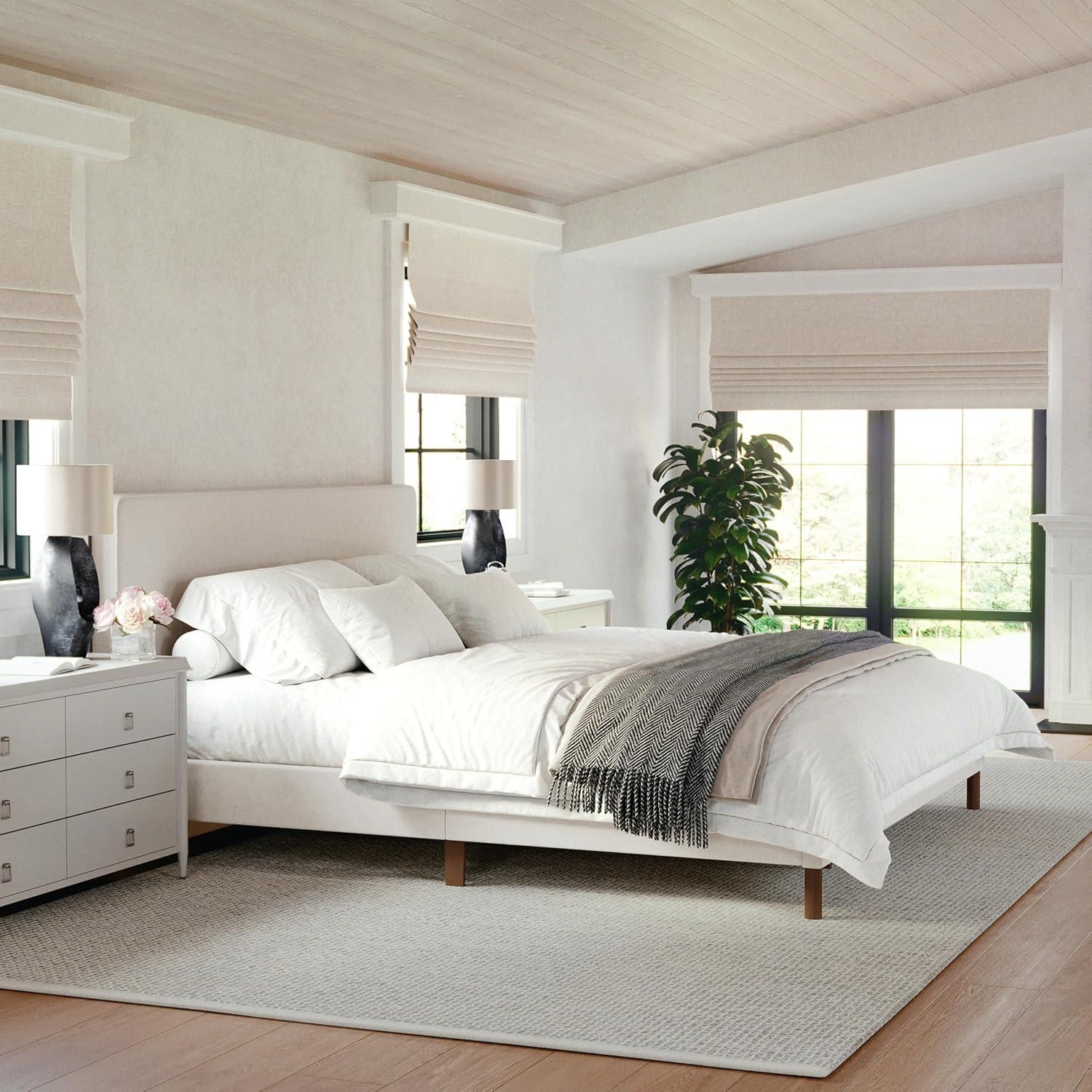 imageMartha Stewart Britta Platform Bed with Headboard amp Footboard Faux Linen Upholstery with Piping Detail Rounded Headboard No Box Spring Needed Queen BeigeBeige FabricWalnut Legs