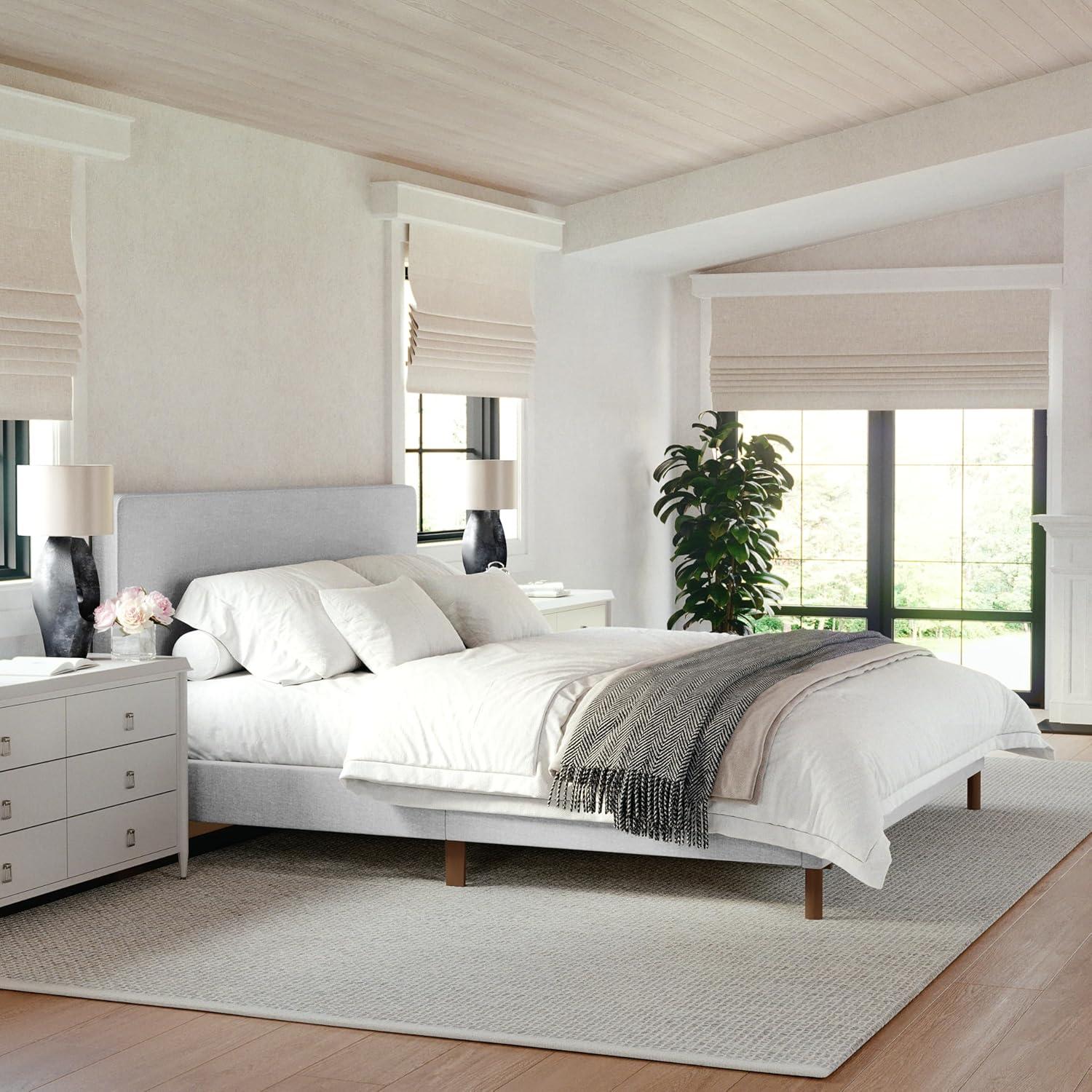 imageMartha Stewart Britta Platform Bed with Headboard amp Footboard Faux Linen Upholstery with Piping Detail Rounded Headboard No Box Spring Needed Queen BeigeGray FabricWalnut Legs