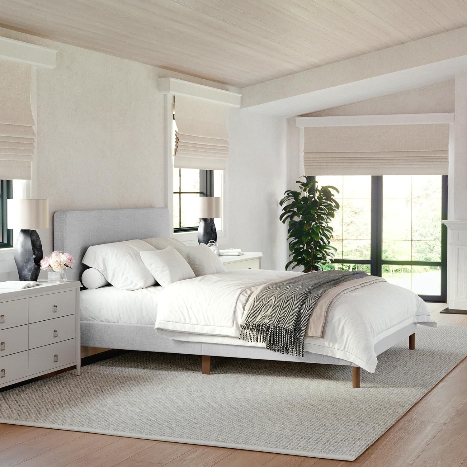 imageMartha Stewart Britta Platform Bed with Headboard amp Footboard Faux Linen Upholstery with Piping Detail Rounded Headboard No Box Spring Needed Queen BeigeGray FabricWalnut Legs