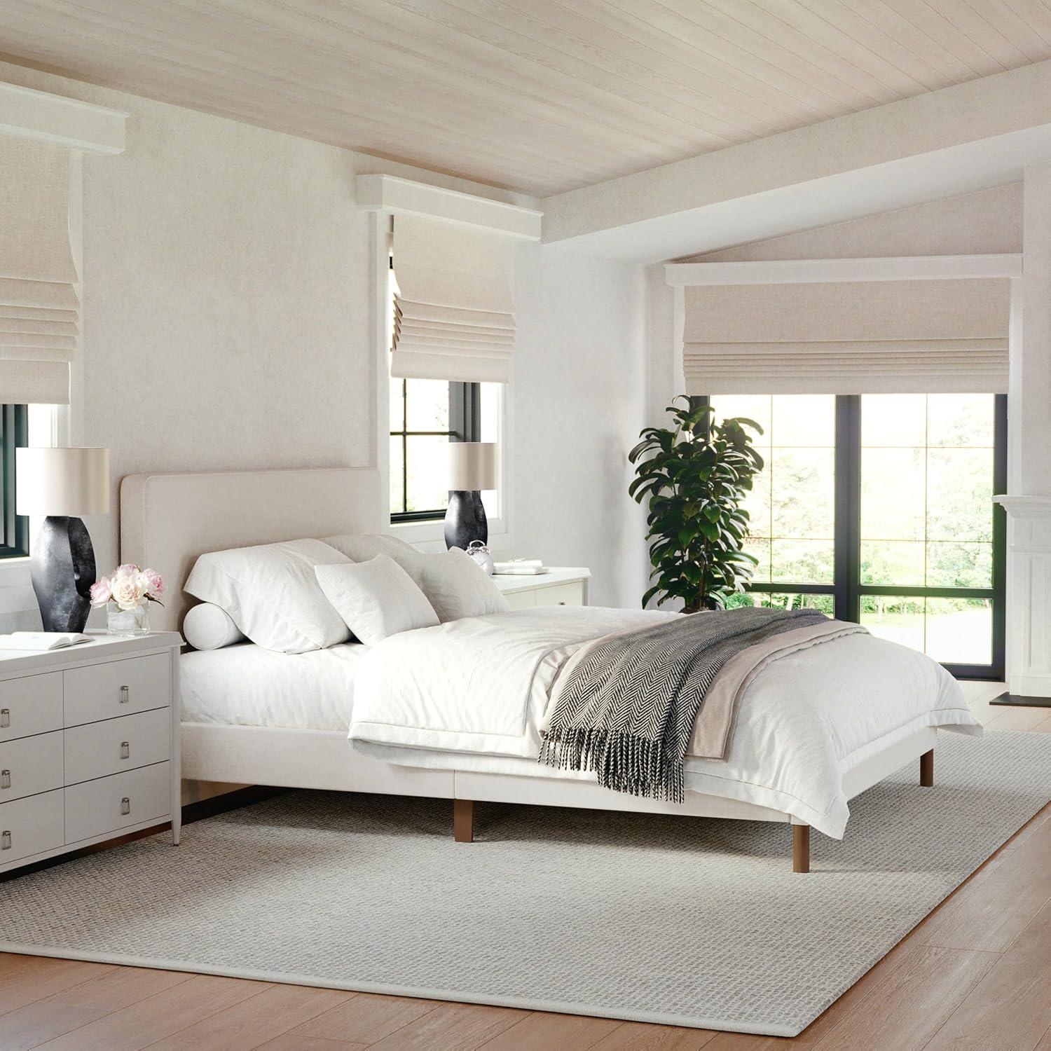 imageMartha Stewart Britta Platform Bed with Headboard amp Footboard Faux Linen Upholstery with Piping Detail Rounded Headboard No Box Spring Needed Queen BeigeBeige FabricWalnut Legs