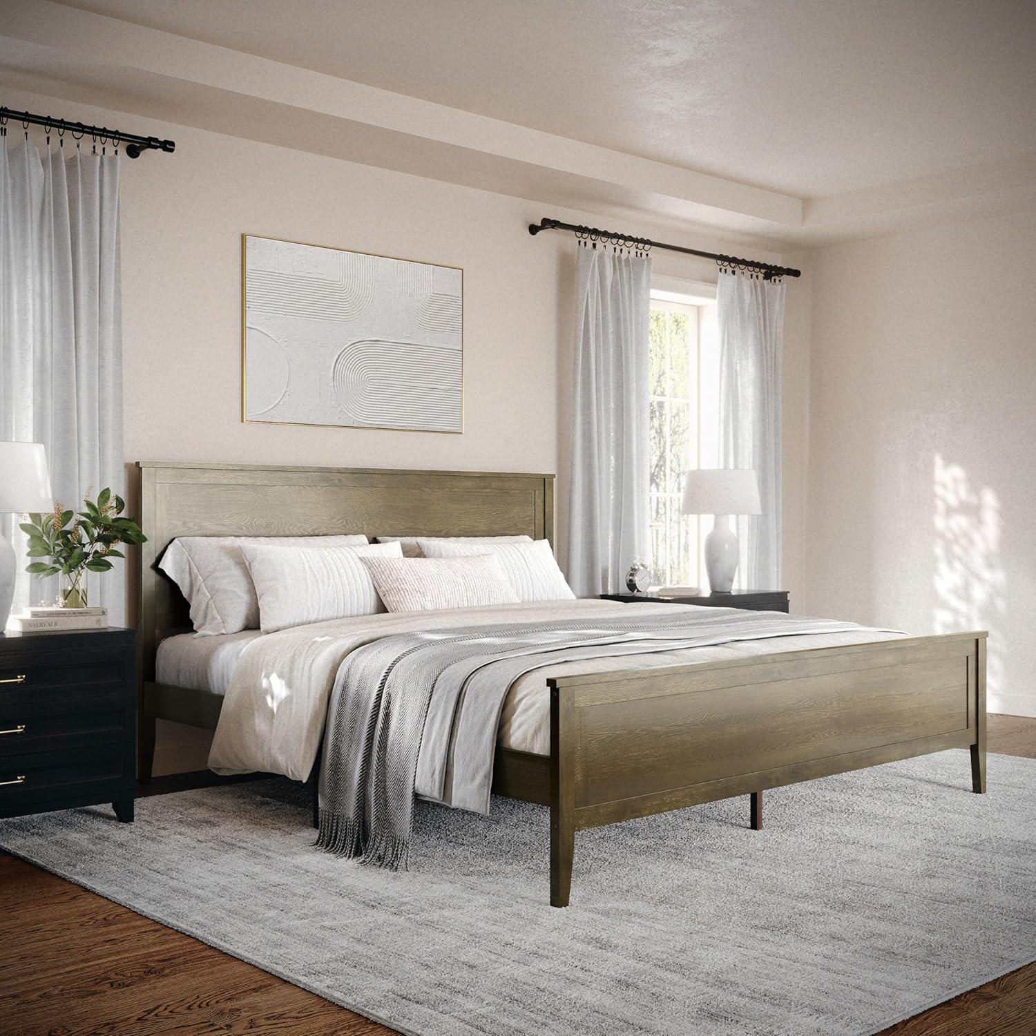 imageMartha Stewart Corbin Solid Wood Platform Bed with Wooden Headboard and Footboard Wood Slat Foundation No Box Spring Needed King Brown GrayBrown Gray
