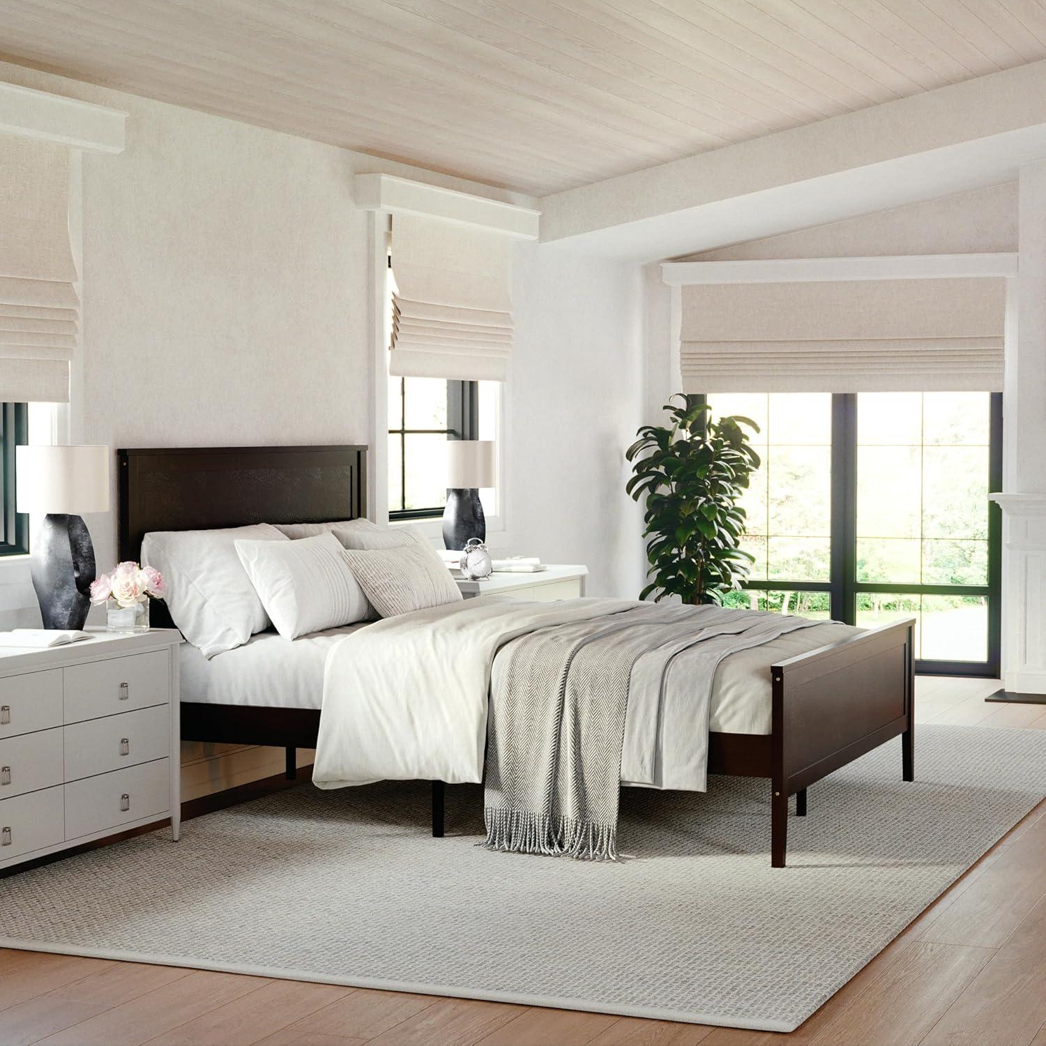 imageMartha Stewart Corbin Solid Wood Platform Bed with Wooden Headboard and Footboard Wood Slat Foundation No Box Spring Needed King Brown GrayDark Brown