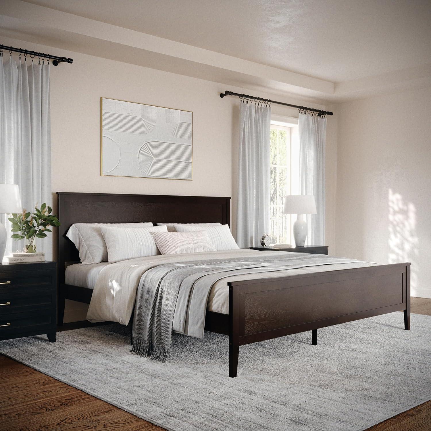 imageMartha Stewart Corbin Solid Wood Platform Bed with Wooden Headboard and Footboard Wood Slat Foundation No Box Spring Needed King Brown GrayDark Brown