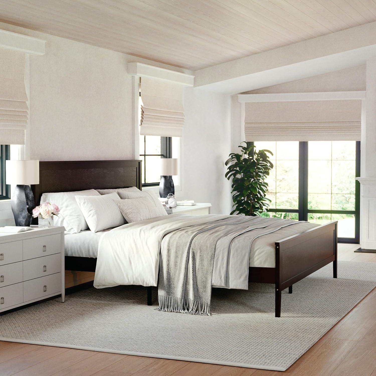 imageMartha Stewart Corbin Solid Wood Platform Bed with Wooden Headboard and Footboard Wood Slat Foundation No Box Spring Needed King Brown GrayDark Brown