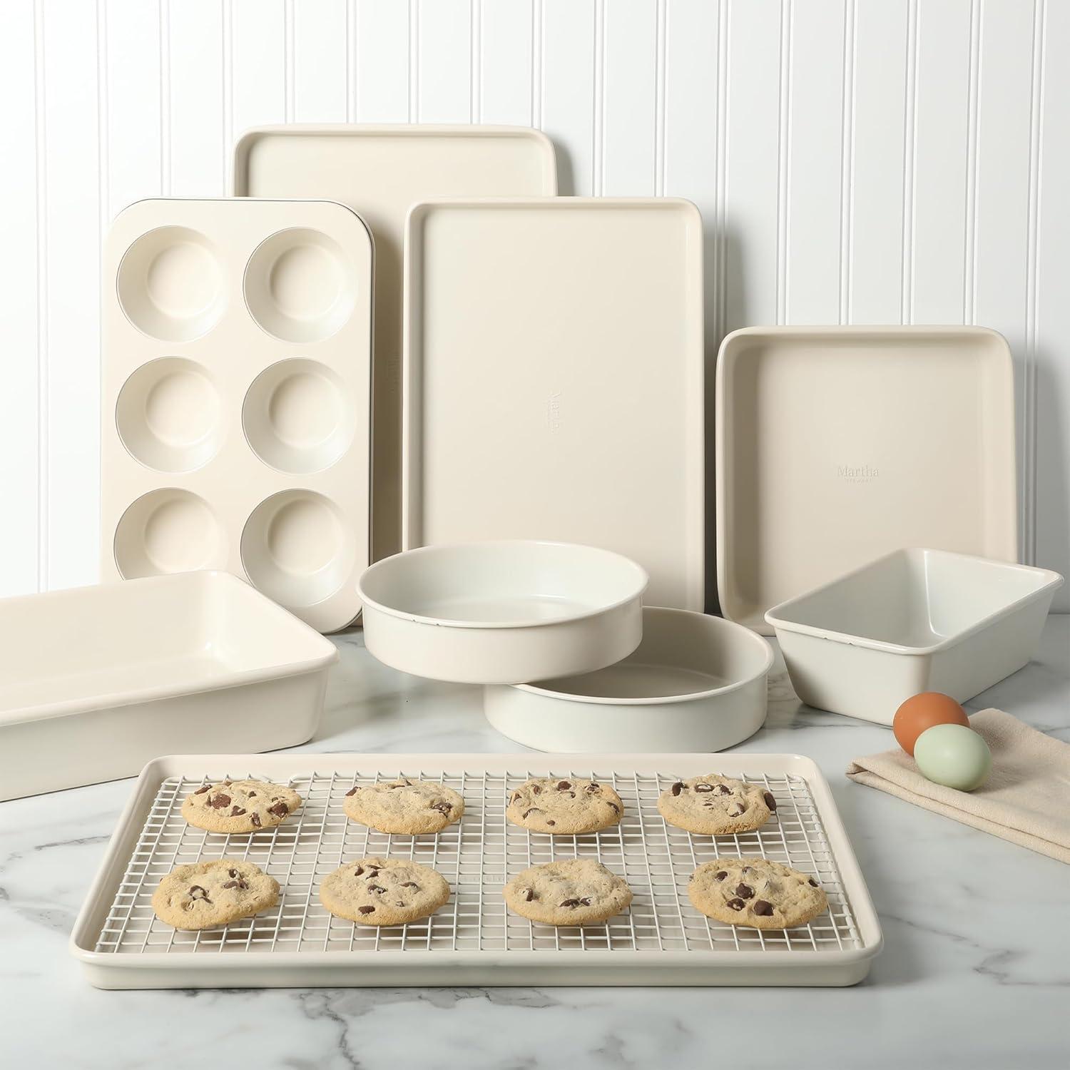 imageMartha Stewart Gallen 9Inch Nonstick Carbon Steel Loaf Pan Teal Durable Bakeware for Even Baking and Easy ReleaseLinen White Set