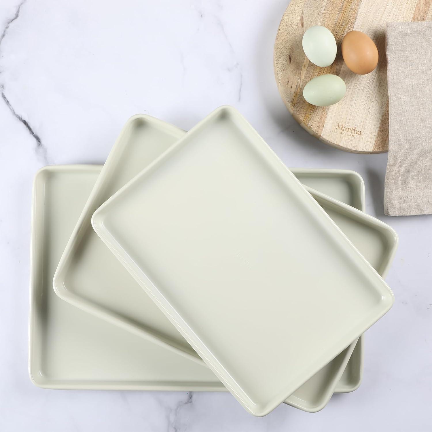 imageMartha Stewart Gallen 9Inch Nonstick Carbon Steel Loaf Pan Teal Durable Bakeware for Even Baking and Easy ReleaseLinen White Set