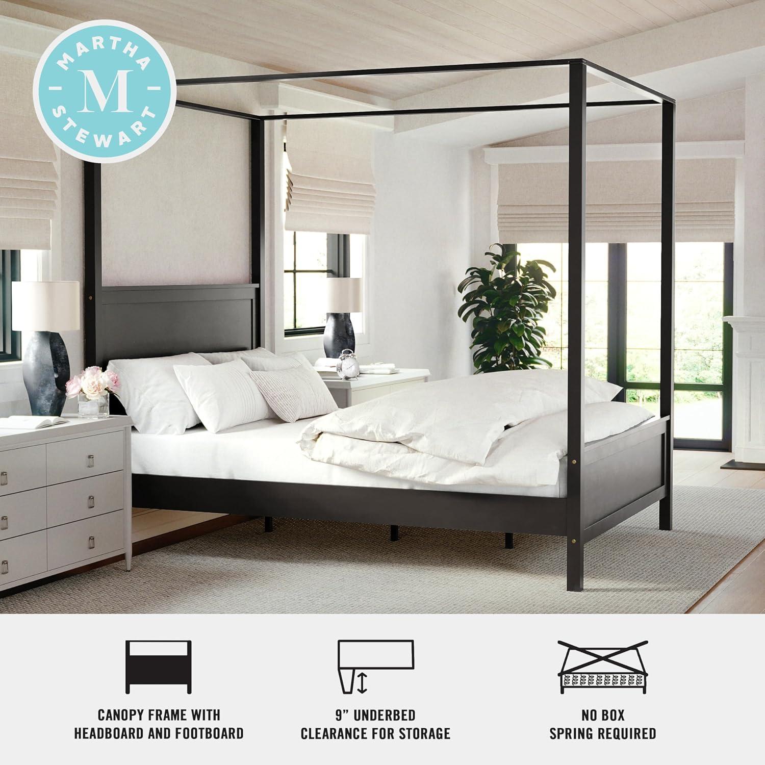 imageMartha Stewart Hayes Canopy Platform Bed with Wood Headboard and Footboard Solid Wood Frame No Box Spring Needed Queen Size Dark Gray