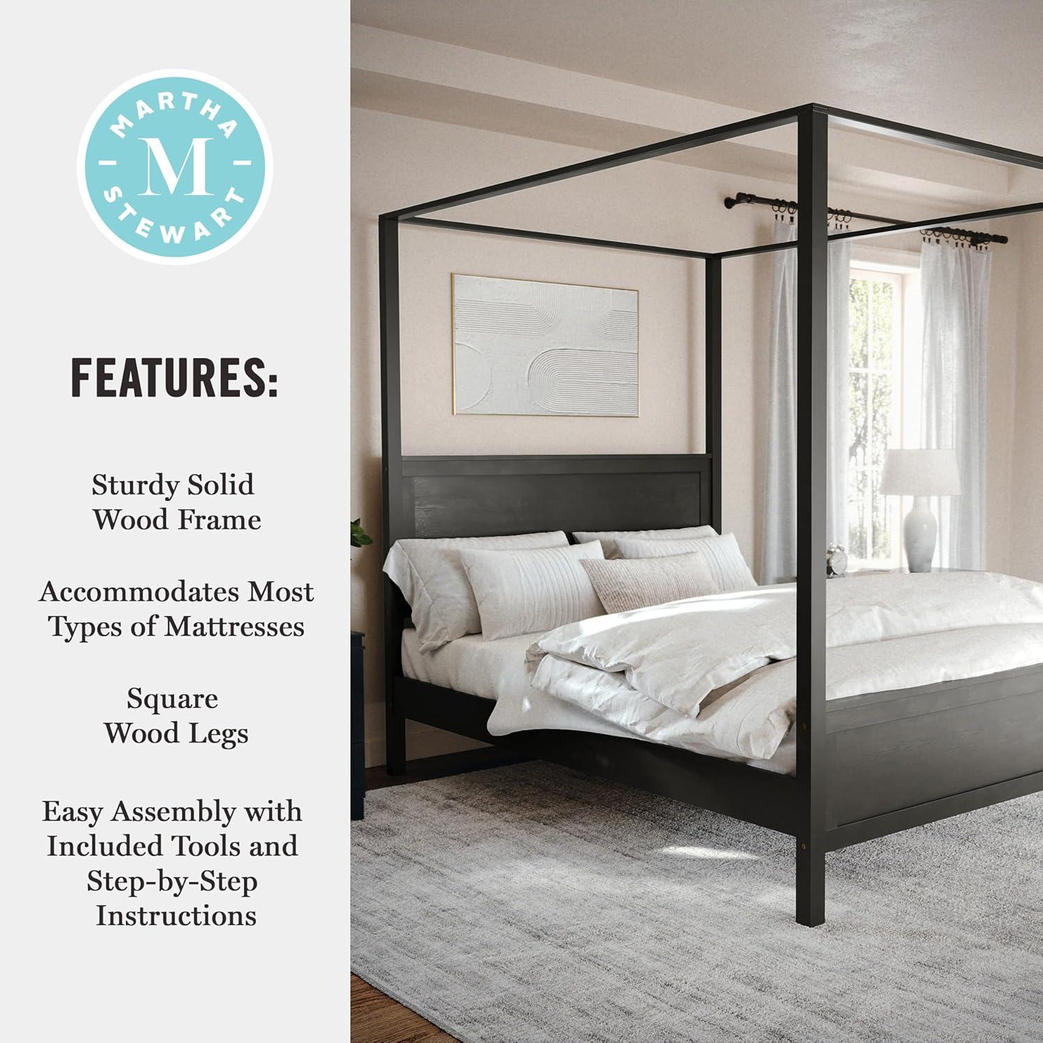 imageMartha Stewart Hayes Canopy Platform Bed with Wood Headboard and Footboard Solid Wood Frame No Box Spring Needed Queen Size Dark Gray