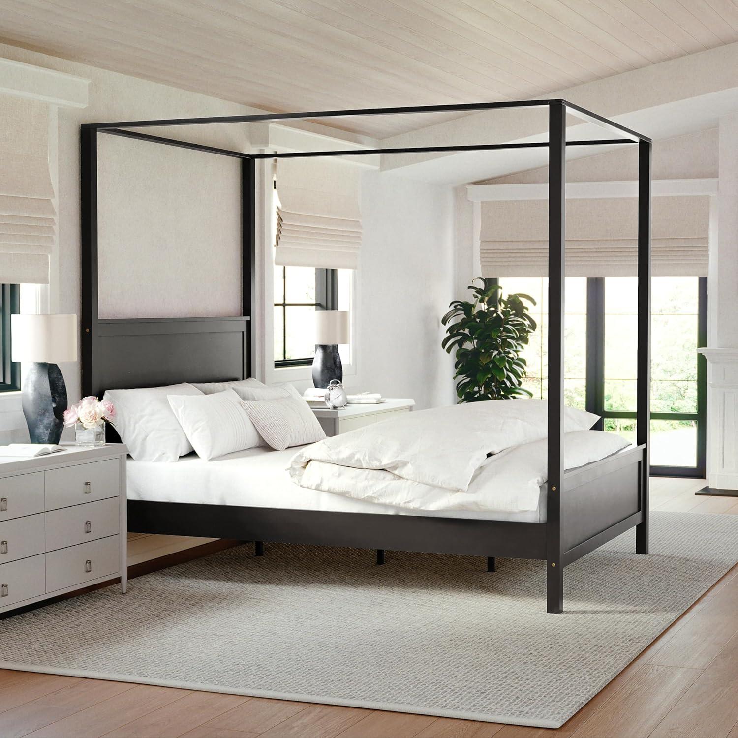 imageMartha Stewart Hayes Canopy Platform Bed with Wood Headboard and Footboard Solid Wood Frame No Box Spring Needed Queen Size Dark Gray
