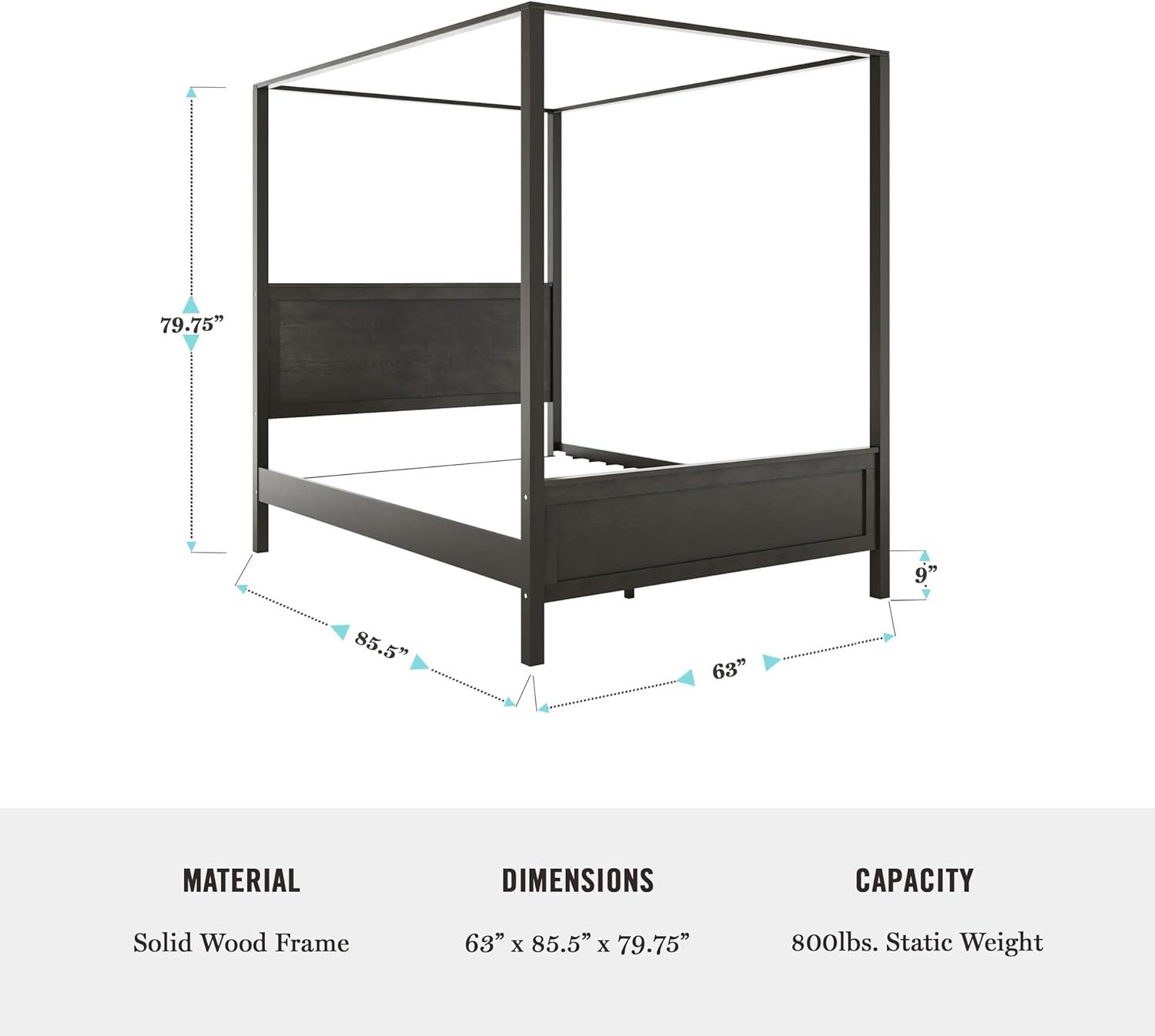 imageMartha Stewart Hayes Canopy Platform Bed with Wood Headboard and Footboard Solid Wood Frame No Box Spring Needed Queen Size Dark Gray