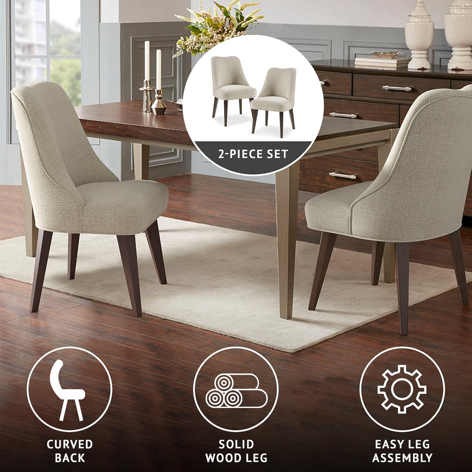 imageMartha Stewart Holls A Pair Dining Chairs Swoop Arm Curved Upholstered Back Round Piping Foam Seat Cushion Modern Kitchen Furniture Dark Finished Solid Wood Legs 35 H Beige 2 PieceHolls