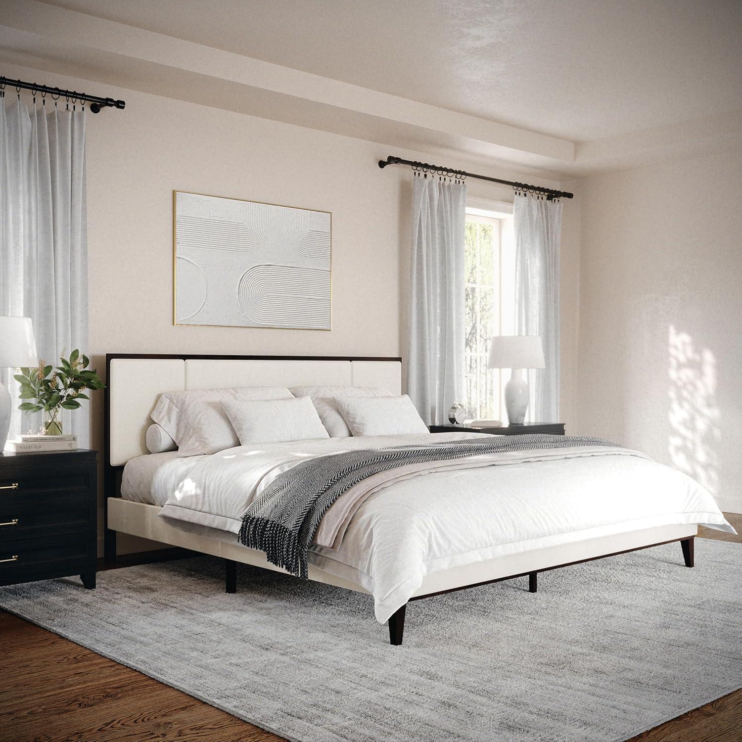 imageMartha Stewart Jett Platform Bed with Headboard Fabric Upholstered Inset Headboard and Base Solid Wood Frame No Box Spring Needed Queen Dark BrownBeigeBeige FabricDark Brown Frame