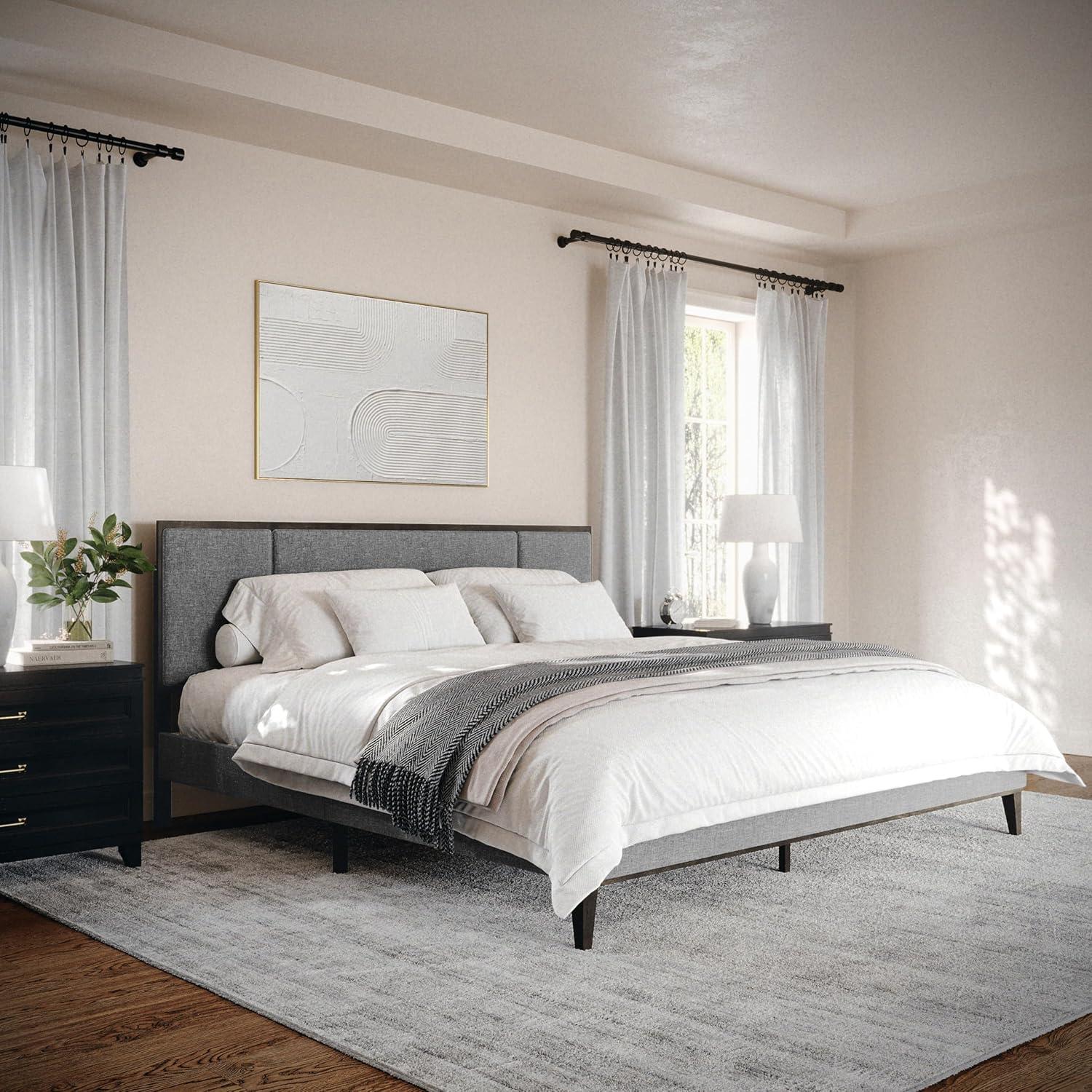 imageMartha Stewart Jett Platform Bed with Headboard Fabric Upholstered Inset Headboard and Base Solid Wood Frame No Box Spring Needed Queen Dark BrownBeigeGray FabricBrown Gray Frame