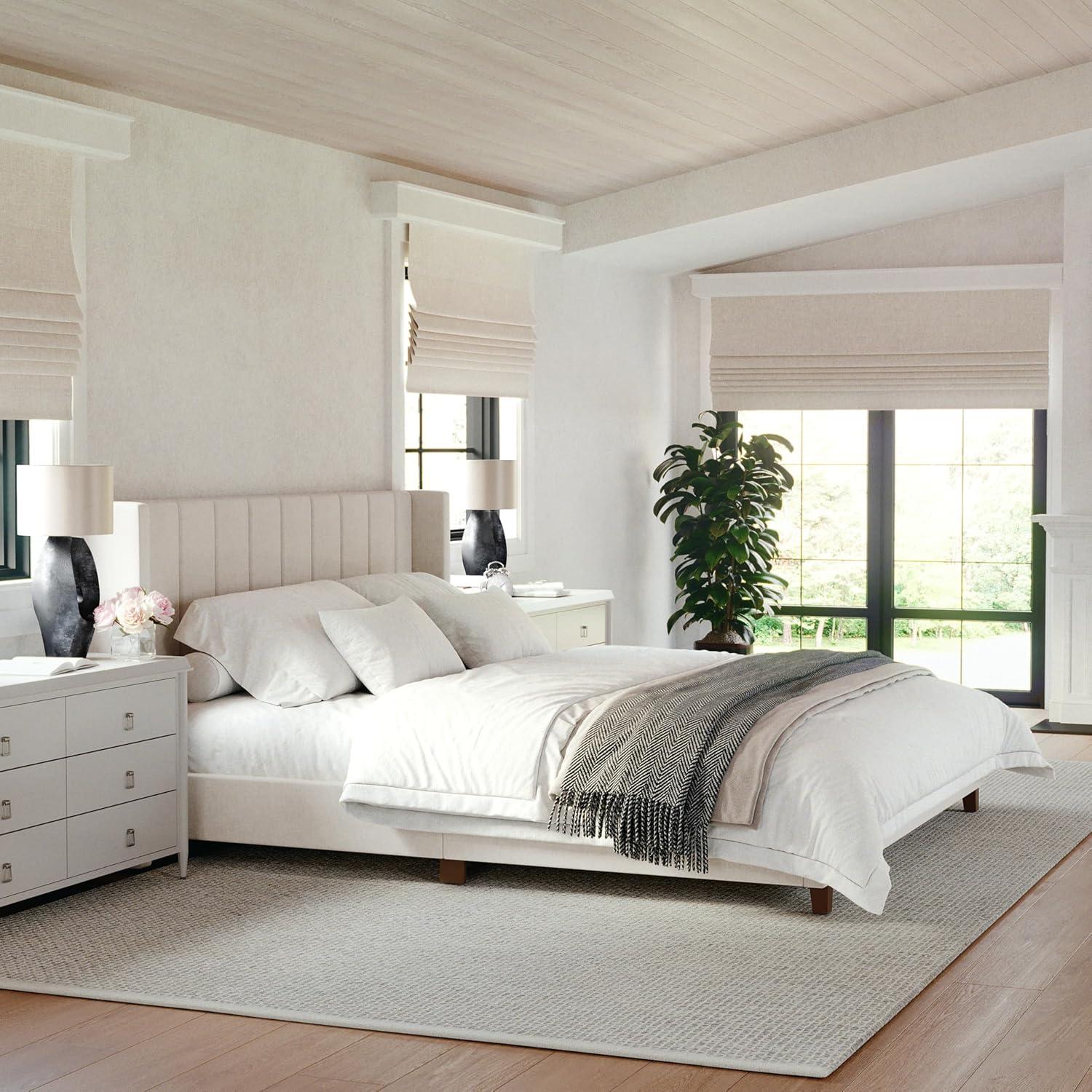 imageMartha Stewart Kay Low Profile Platform Bed with Wingback Headboard Channel Stitched Faux Linen Upholstery No Box Spring Needed King GrayBeige FabricWalnut Legs