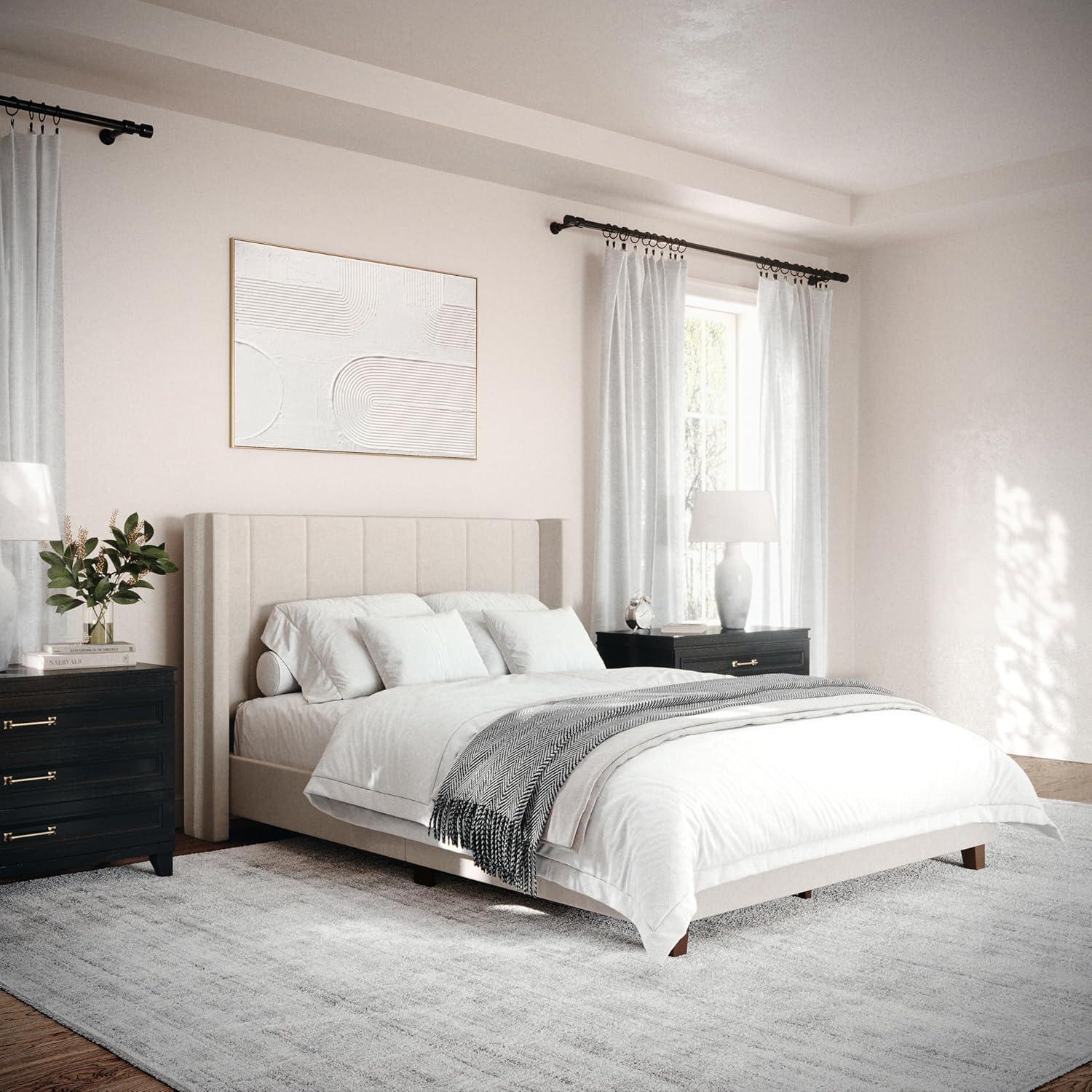 imageMartha Stewart Kay Low Profile Platform Bed with Wingback Headboard Channel Stitched Faux Linen Upholstery No Box Spring Needed King GrayBeige FabricWalnut Legs