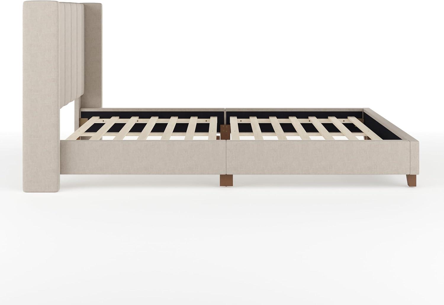 imageMartha Stewart Kay Low Profile Platform Bed with Wingback Headboard Channel Stitched Faux Linen Upholstery No Box Spring Needed King GrayBeige FabricWalnut Legs