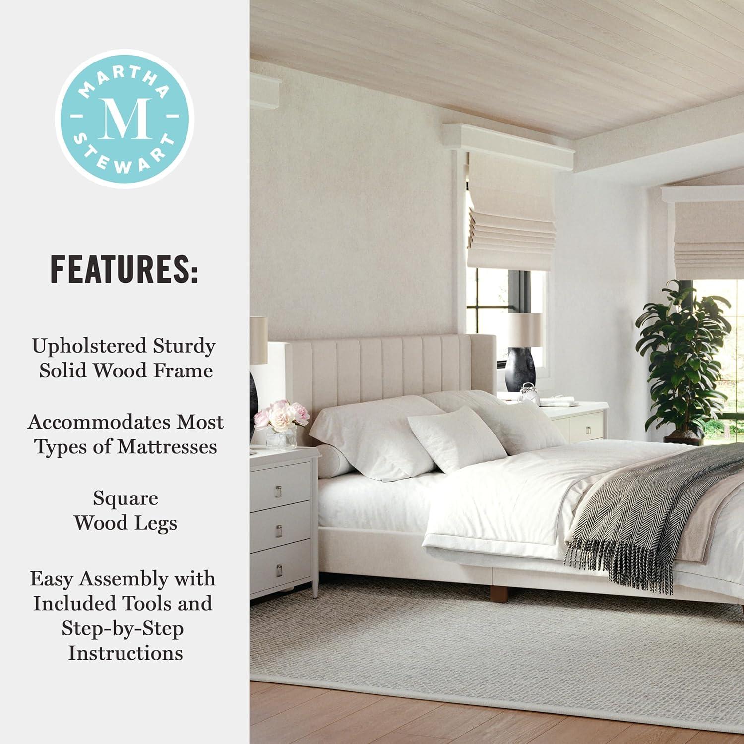 imageMartha Stewart Kay Low Profile Platform Bed with Wingback Headboard Channel Stitched Faux Linen Upholstery No Box Spring Needed King GrayBeige FabricWalnut Legs