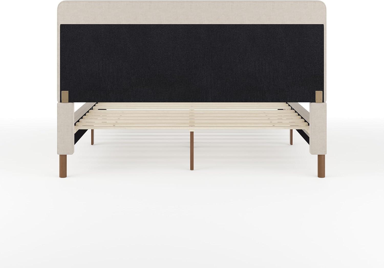 imageMartha Stewart Kay Low Profile Platform Bed with Wingback Headboard Channel Stitched Faux Linen Upholstery No Box Spring Needed King GrayBeige FabricWalnut Legs