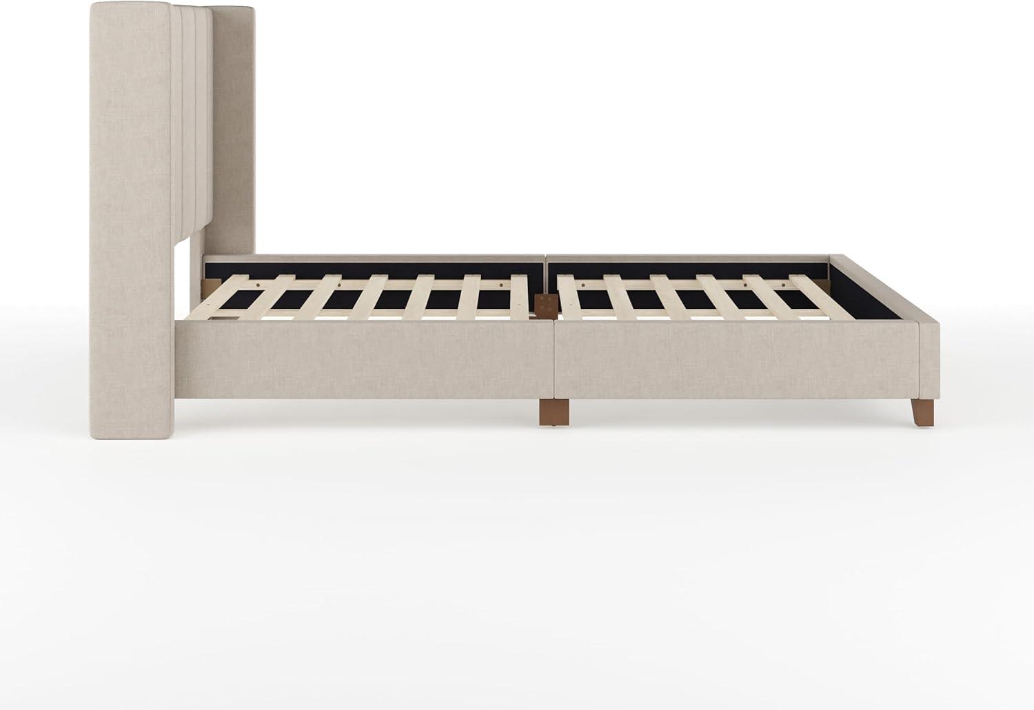 imageMartha Stewart Kay Low Profile Platform Bed with Wingback Headboard Channel Stitched Faux Linen Upholstery No Box Spring Needed King GrayBeige FabricWalnut Legs