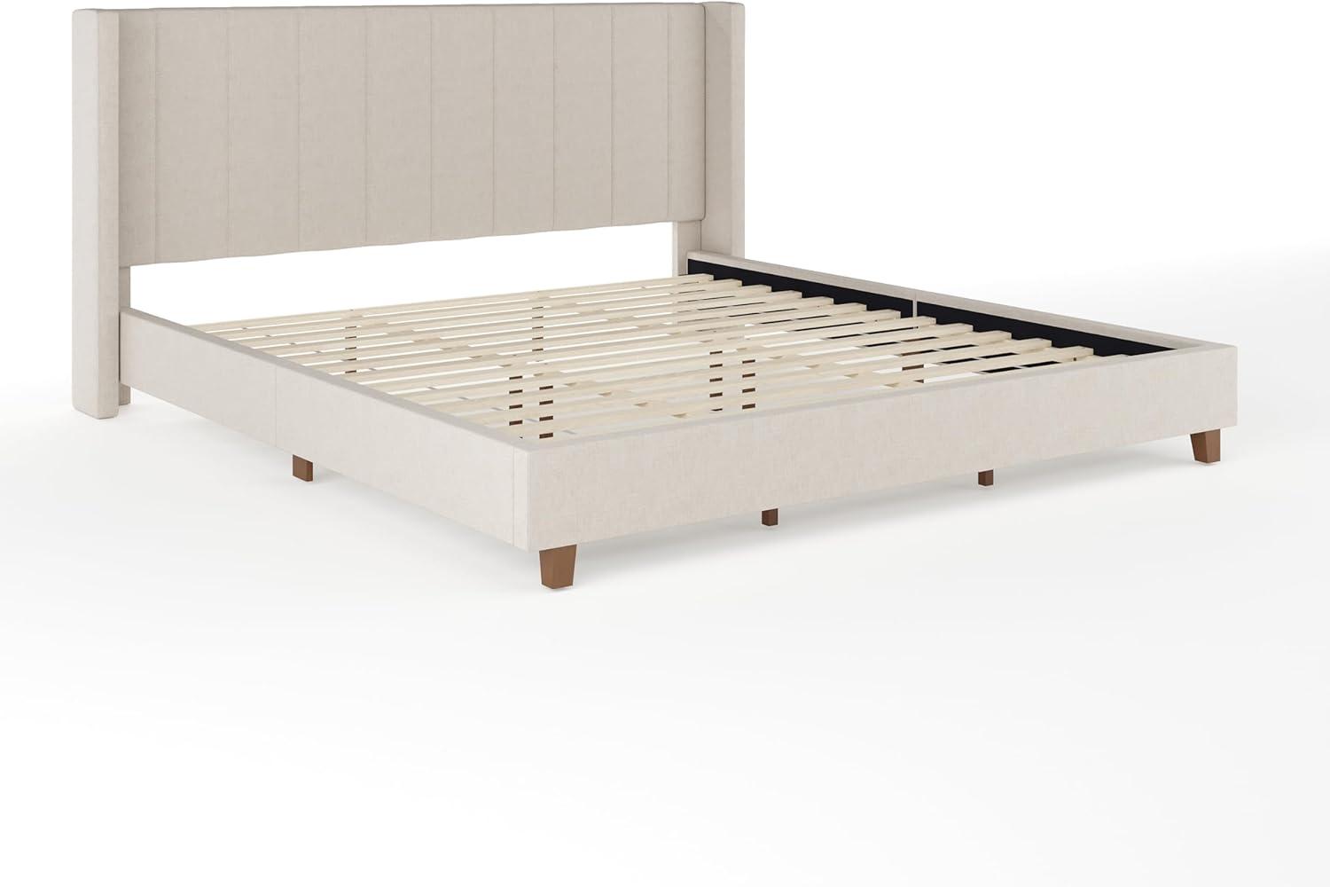 imageMartha Stewart Kay Low Profile Platform Bed with Wingback Headboard Channel Stitched Faux Linen Upholstery No Box Spring Needed King GrayBeige FabricWalnut Legs