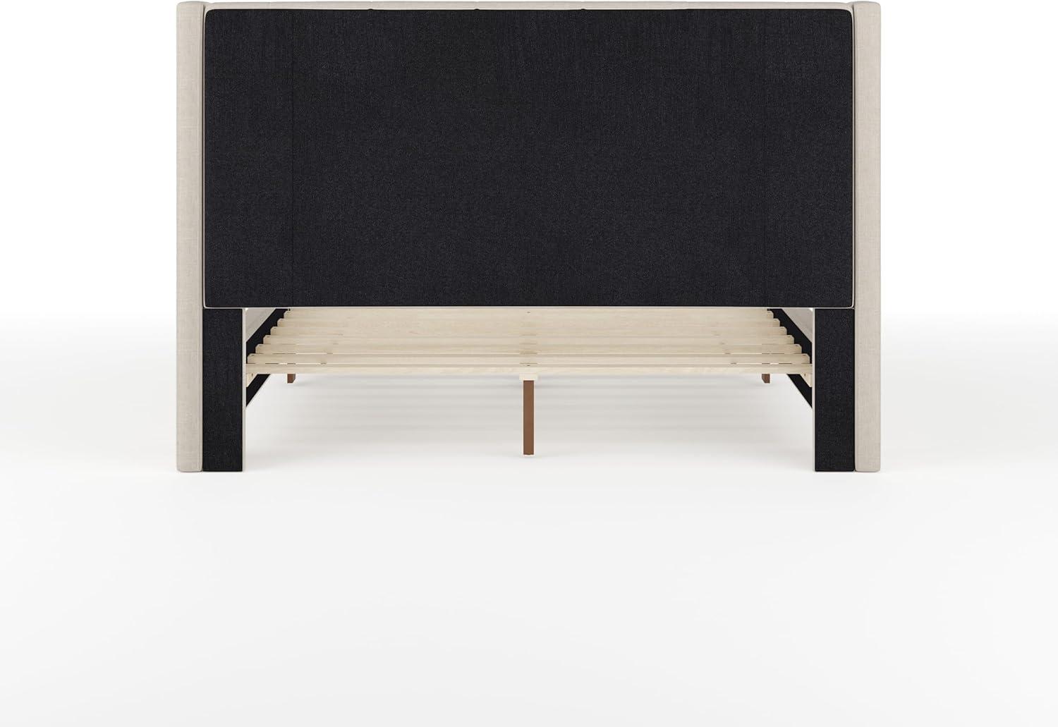 imageMartha Stewart Kay Low Profile Platform Bed with Wingback Headboard Channel Stitched Faux Linen Upholstery No Box Spring Needed King GrayBeige FabricWalnut Legs