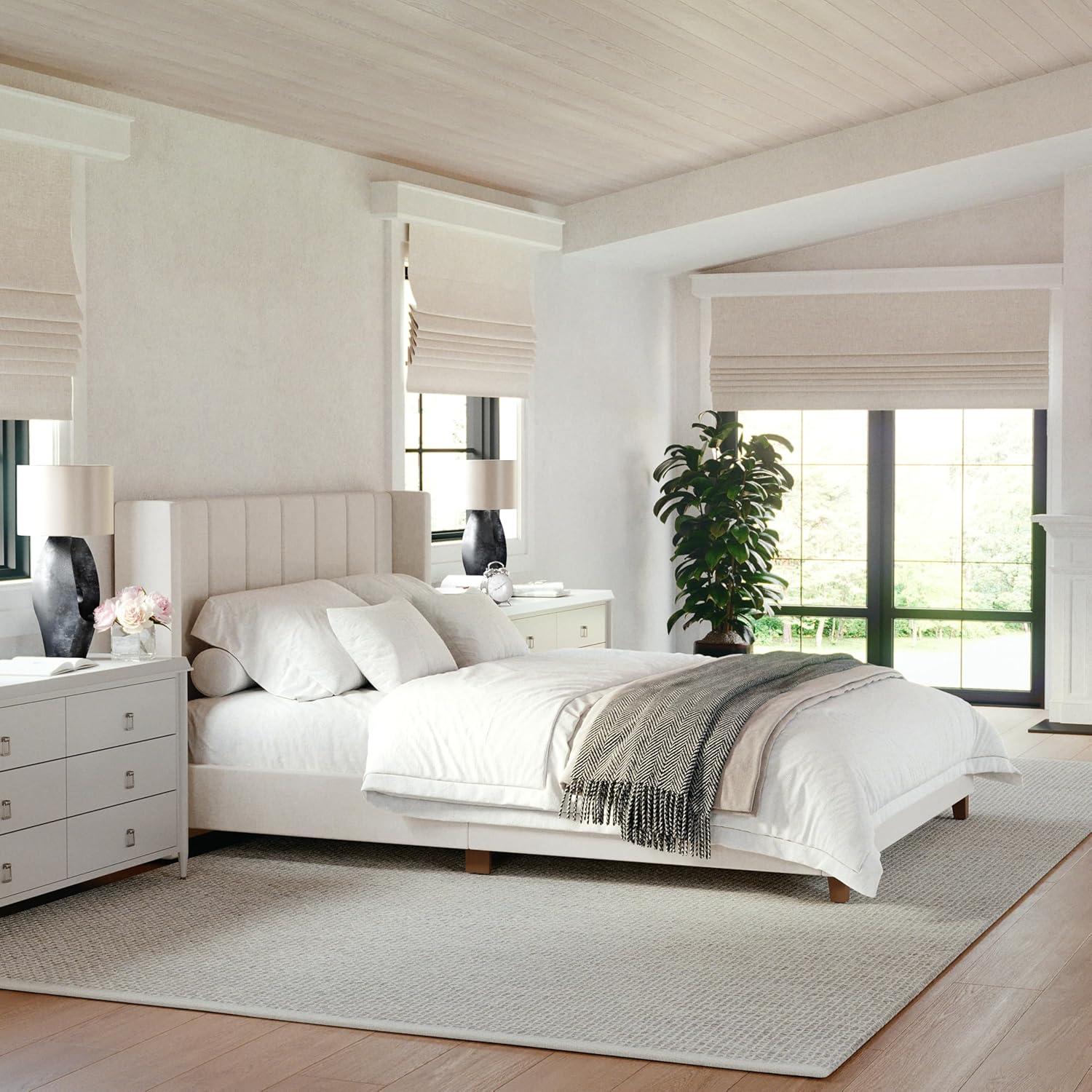 imageMartha Stewart Kay Low Profile Platform Bed with Wingback Headboard Channel Stitched Faux Linen Upholstery No Box Spring Needed King GrayBeige FabricWalnut Legs