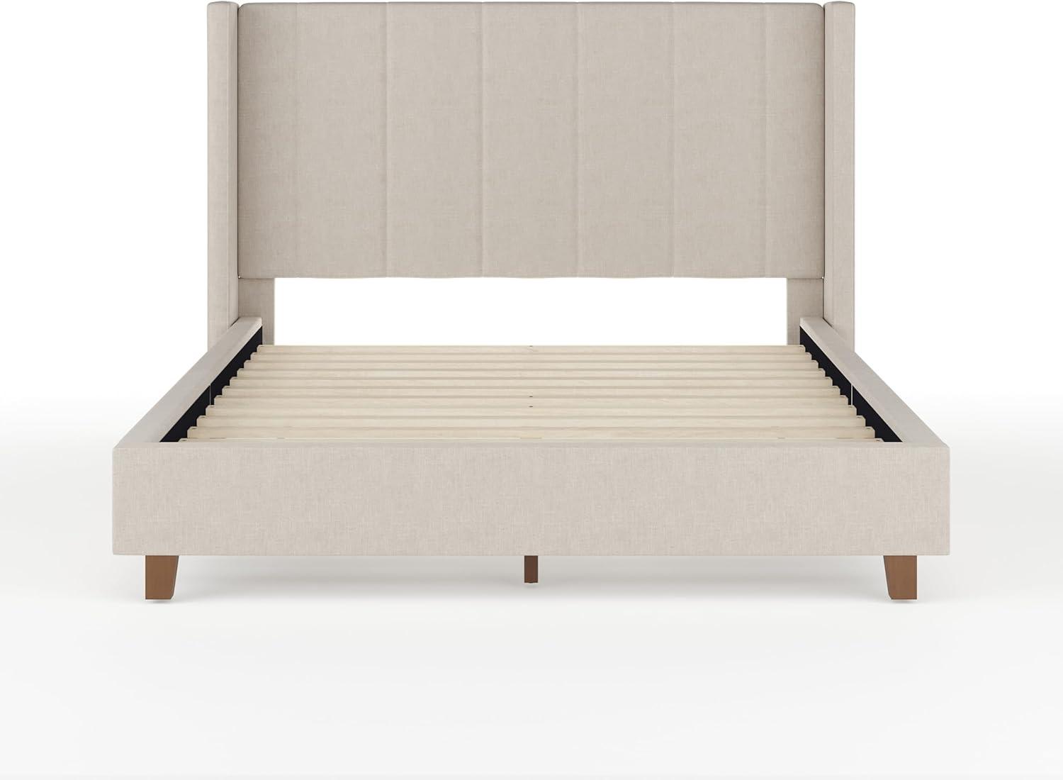 imageMartha Stewart Kay Low Profile Platform Bed with Wingback Headboard Channel Stitched Faux Linen Upholstery No Box Spring Needed King GrayBeige FabricWalnut Legs