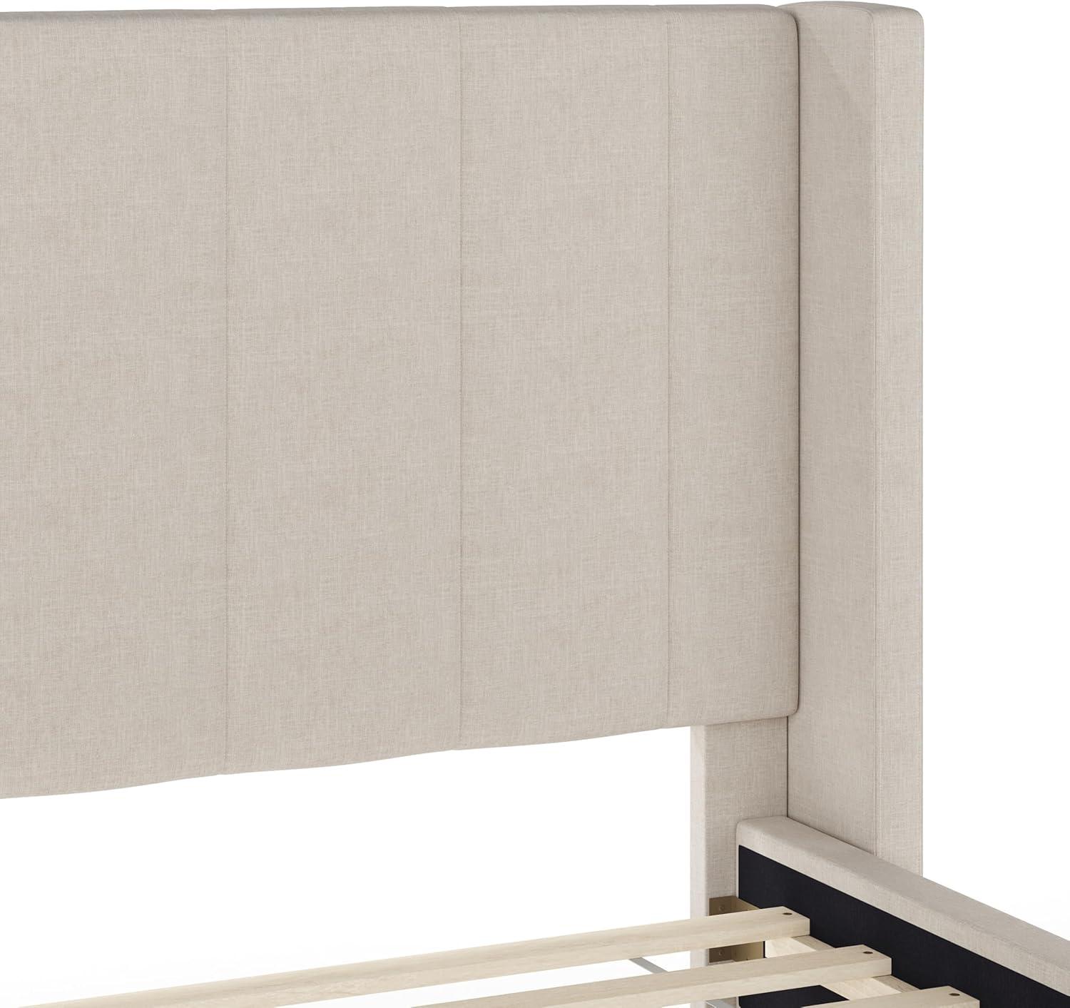 imageMartha Stewart Kay Low Profile Platform Bed with Wingback Headboard Channel Stitched Faux Linen Upholstery No Box Spring Needed King GrayBeige FabricWalnut Legs