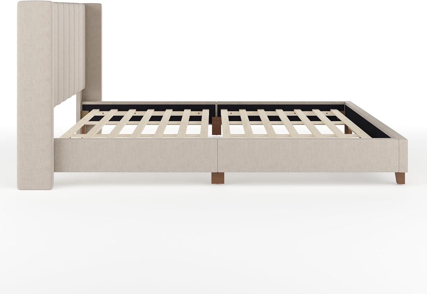 imageMartha Stewart Kay Low Profile Platform Bed with Wingback Headboard Channel Stitched Faux Linen Upholstery No Box Spring Needed King GrayBeige FabricWalnut Legs