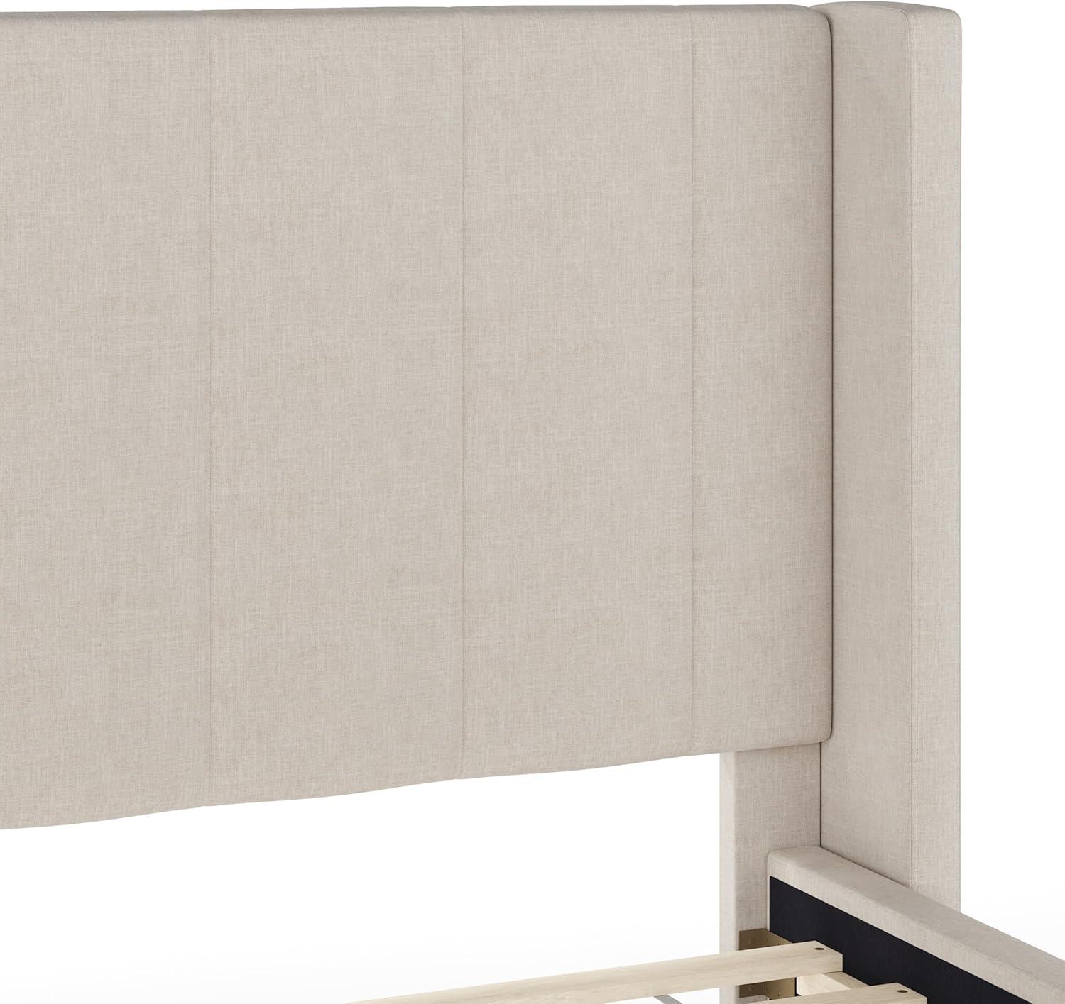 imageMartha Stewart Kay Low Profile Platform Bed with Wingback Headboard Channel Stitched Faux Linen Upholstery No Box Spring Needed King GrayBeige FabricWalnut Legs