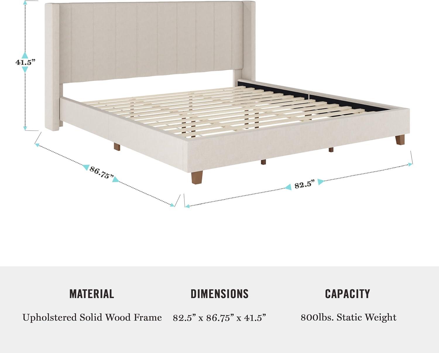imageMartha Stewart Kay Low Profile Platform Bed with Wingback Headboard Channel Stitched Faux Linen Upholstery No Box Spring Needed King GrayBeige FabricWalnut Legs