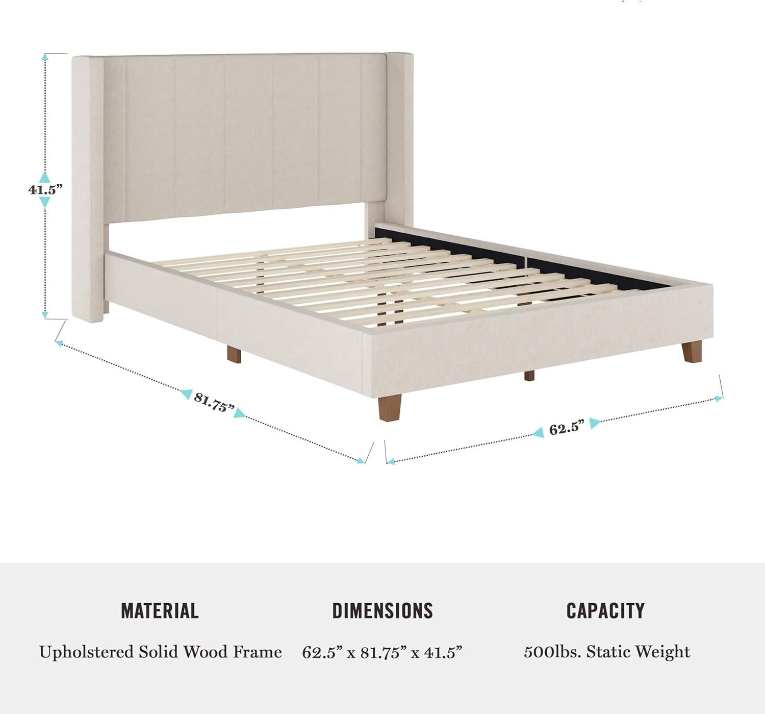 imageMartha Stewart Kay Low Profile Platform Bed with Wingback Headboard Channel Stitched Faux Linen Upholstery No Box Spring Needed King GrayBeige FabricWalnut Legs