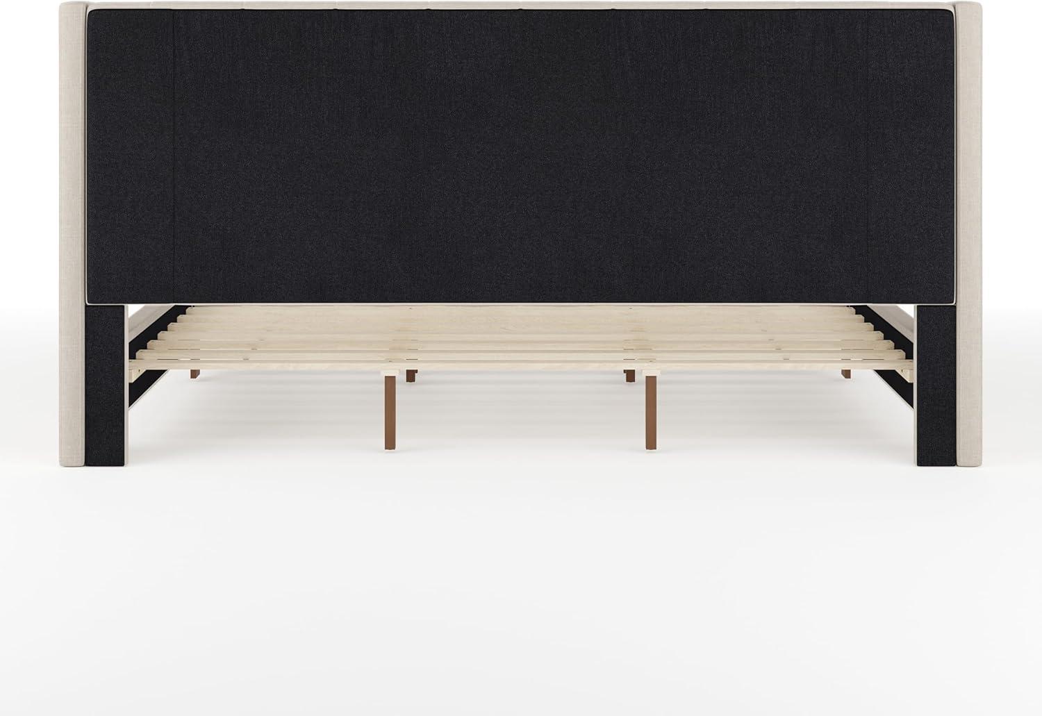 imageMartha Stewart Kay Low Profile Platform Bed with Wingback Headboard Channel Stitched Faux Linen Upholstery No Box Spring Needed King GrayBeige FabricWalnut Legs