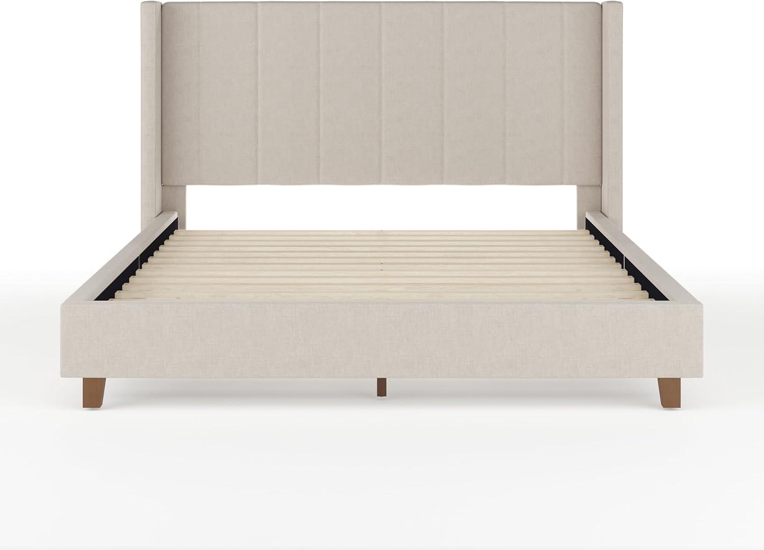 imageMartha Stewart Kay Low Profile Platform Bed with Wingback Headboard Channel Stitched Faux Linen Upholstery No Box Spring Needed King GrayBeige FabricWalnut Legs