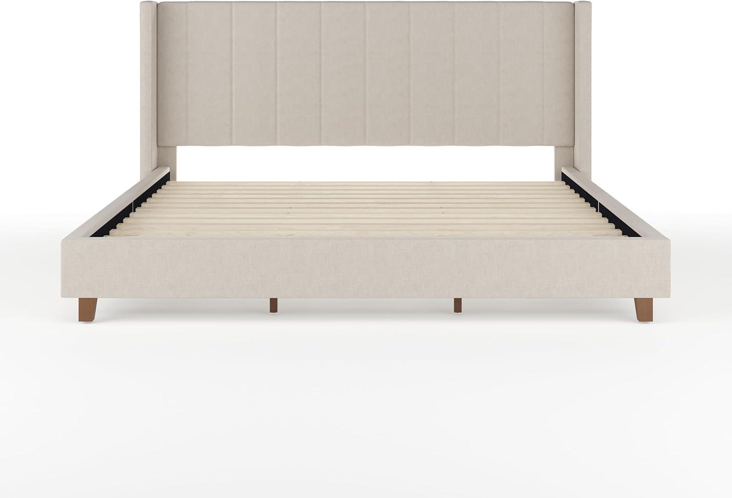 imageMartha Stewart Kay Low Profile Platform Bed with Wingback Headboard Channel Stitched Faux Linen Upholstery No Box Spring Needed King GrayBeige FabricWalnut Legs
