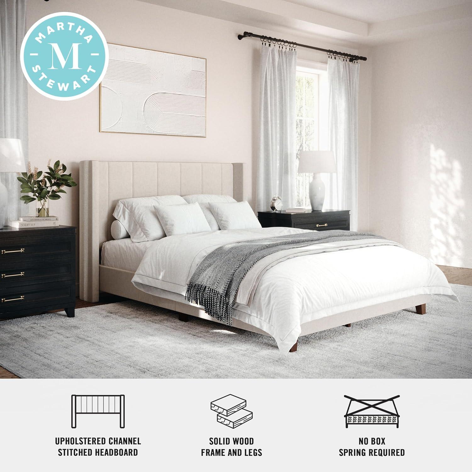imageMartha Stewart Kay Low Profile Platform Bed with Wingback Headboard Channel Stitched Faux Linen Upholstery No Box Spring Needed King GrayBeige FabricWalnut Legs