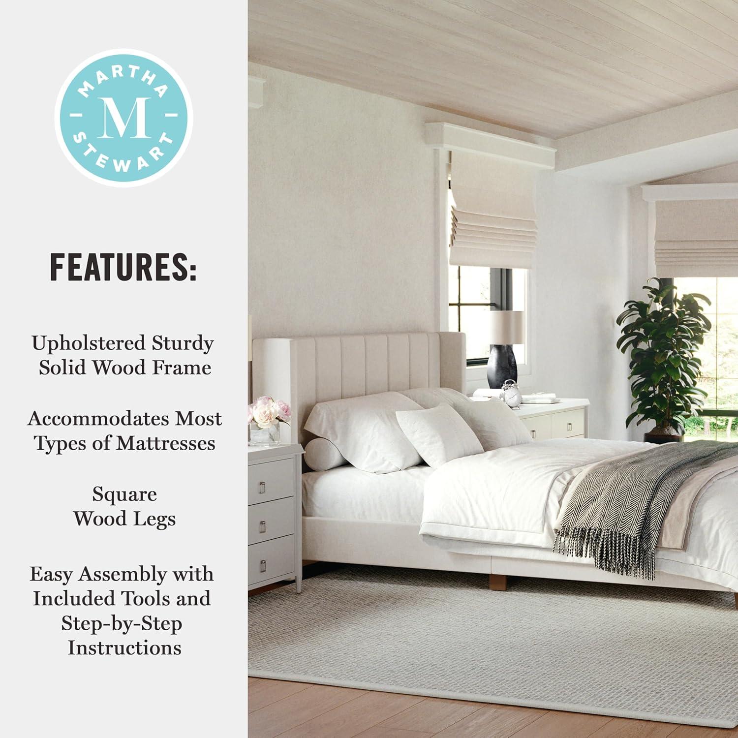 imageMartha Stewart Kay Low Profile Platform Bed with Wingback Headboard Channel Stitched Faux Linen Upholstery No Box Spring Needed King GrayBeige FabricWalnut Legs